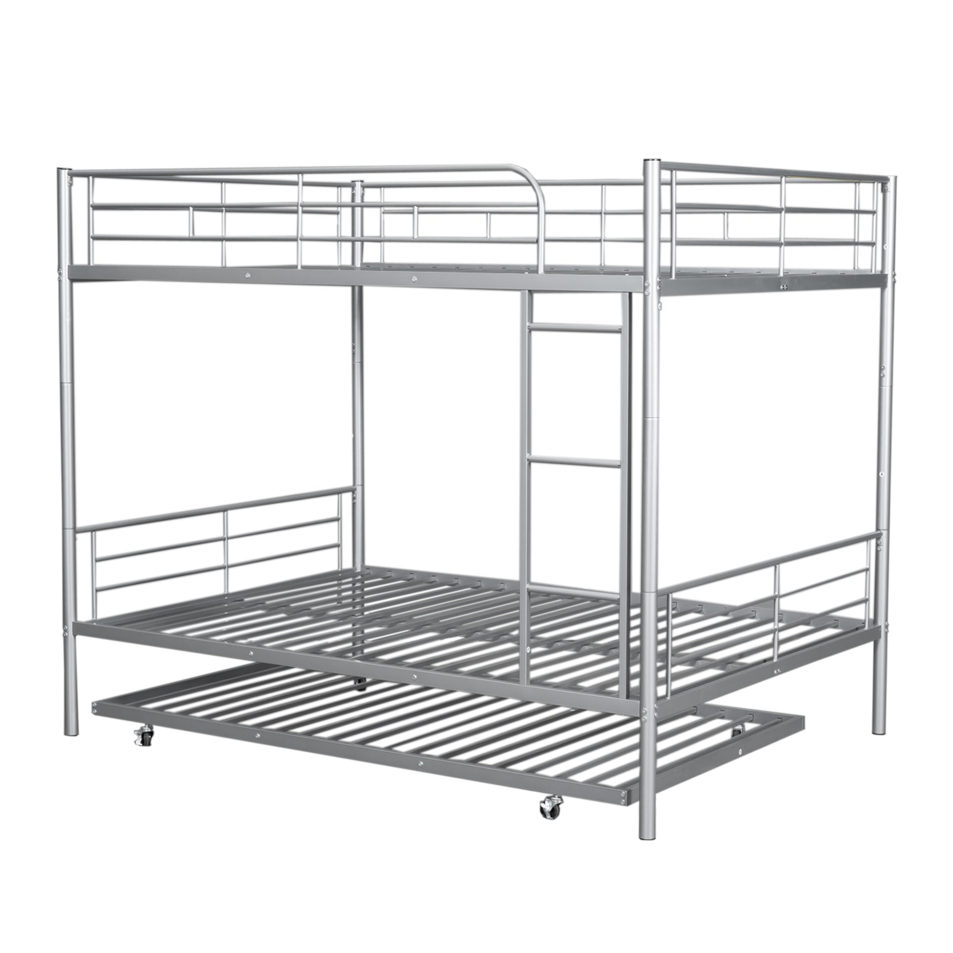 Silver metal triple bunk bed with pullout trundle
