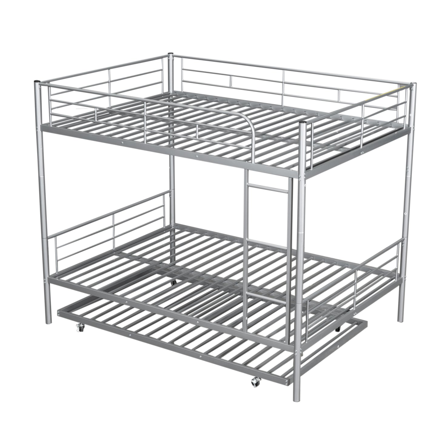 Silver metal triple bunk bed with integrated ladder and casters