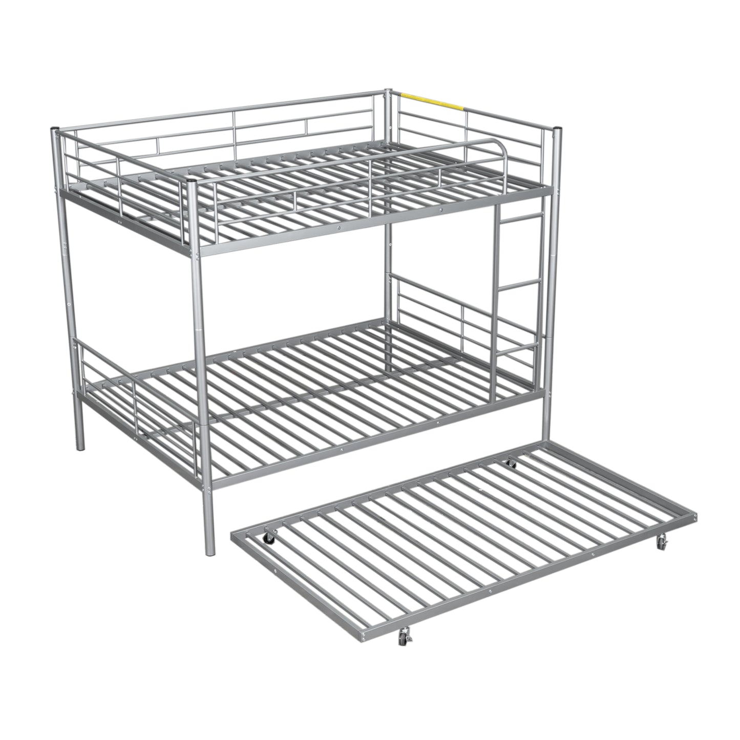 Silver metal twin over twin bunk bed with pullout trundle