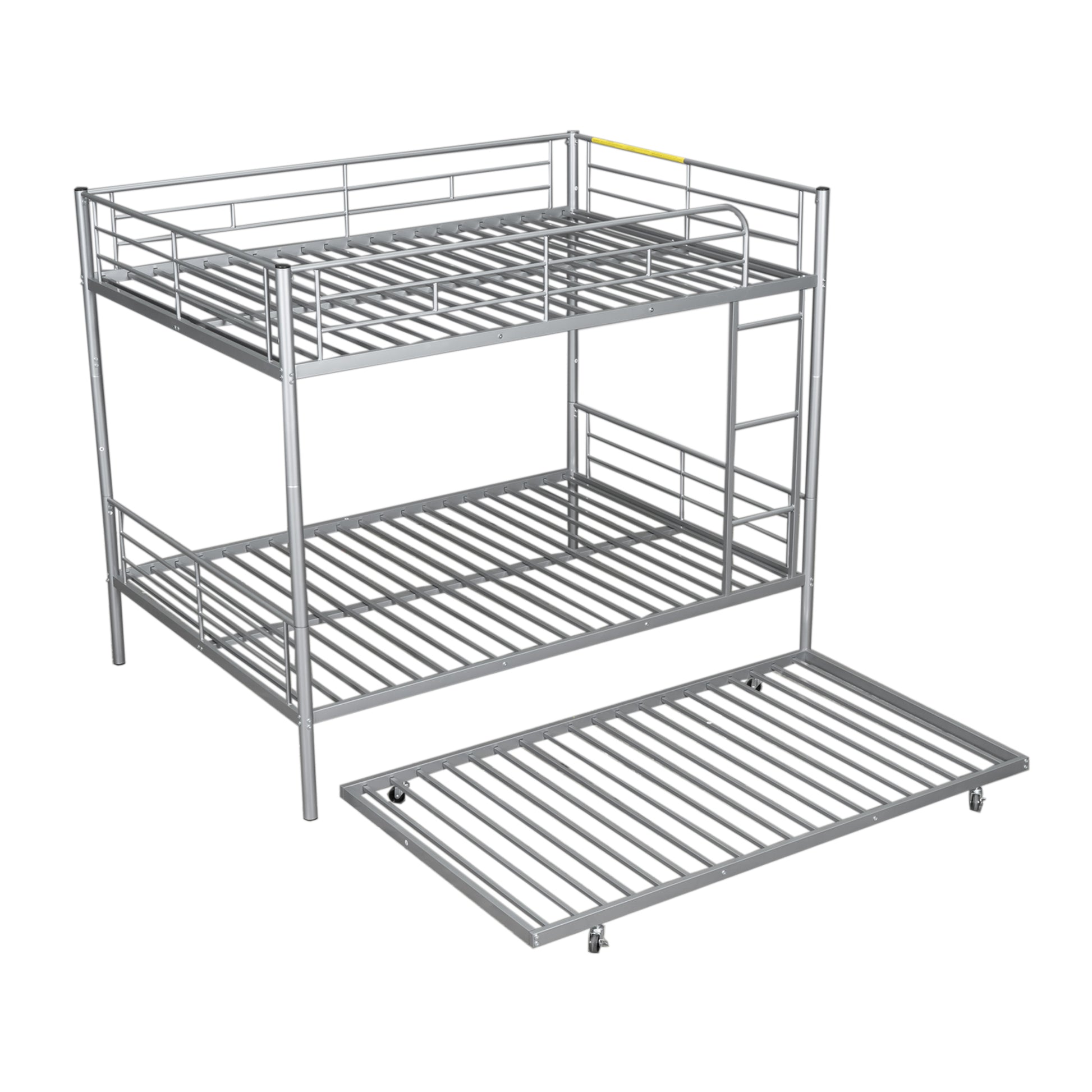 Silver metal twin over twin bunk bed with pullout trundle