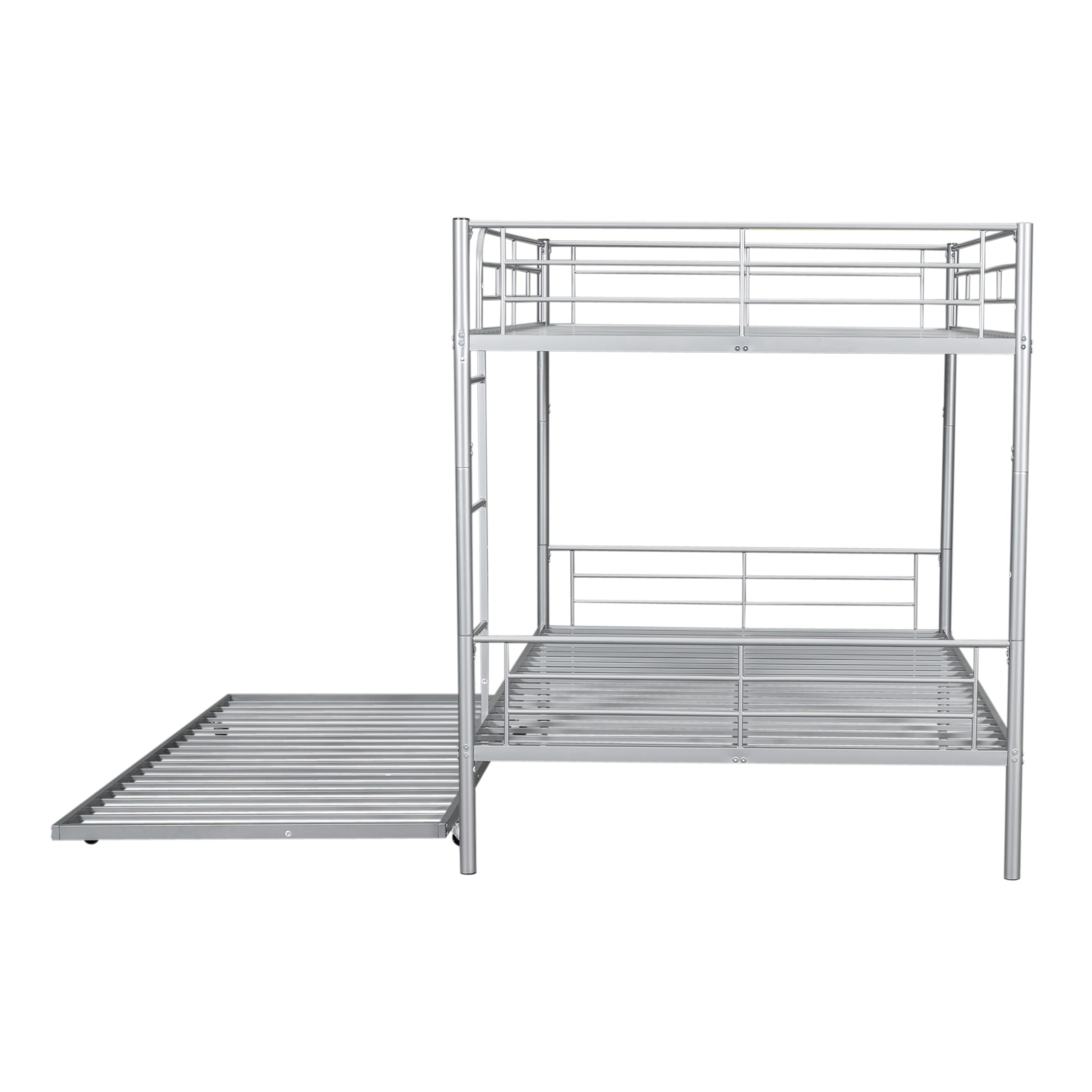 Silver metal twin over twin bunk bed with pullout trundle