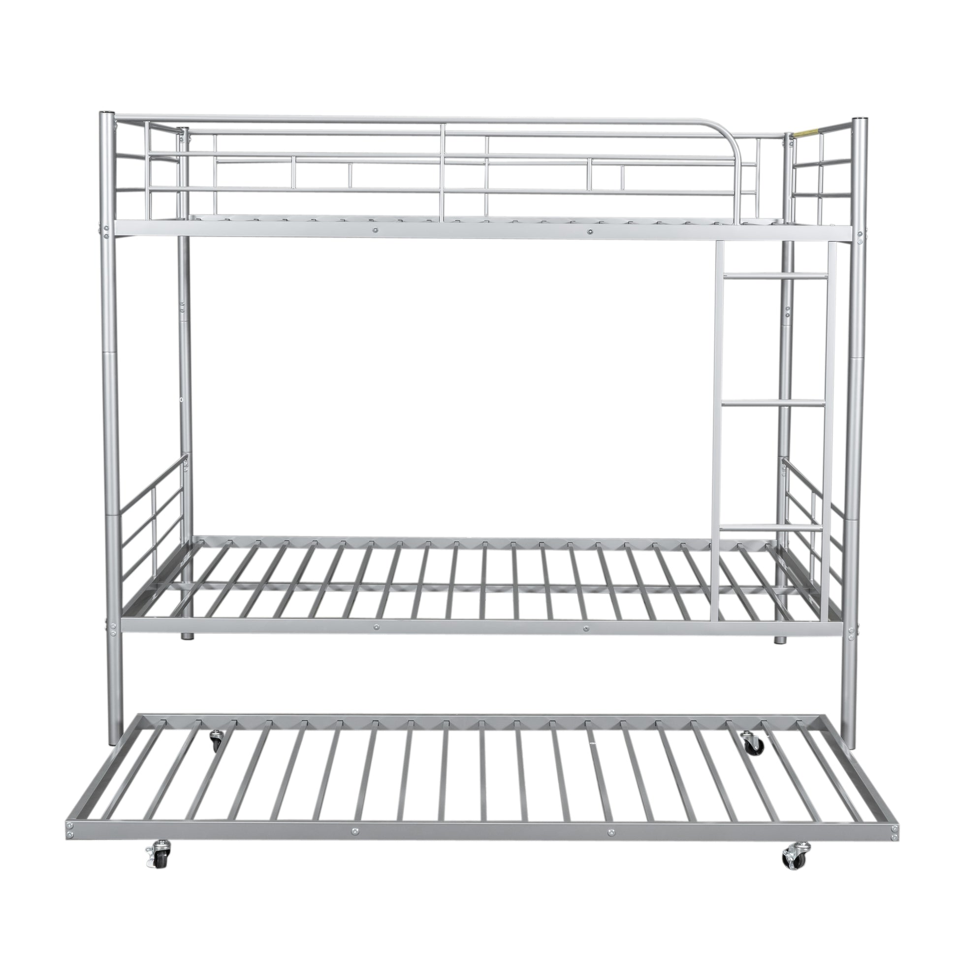 Silver metal triple bunk bed with pullout trundle