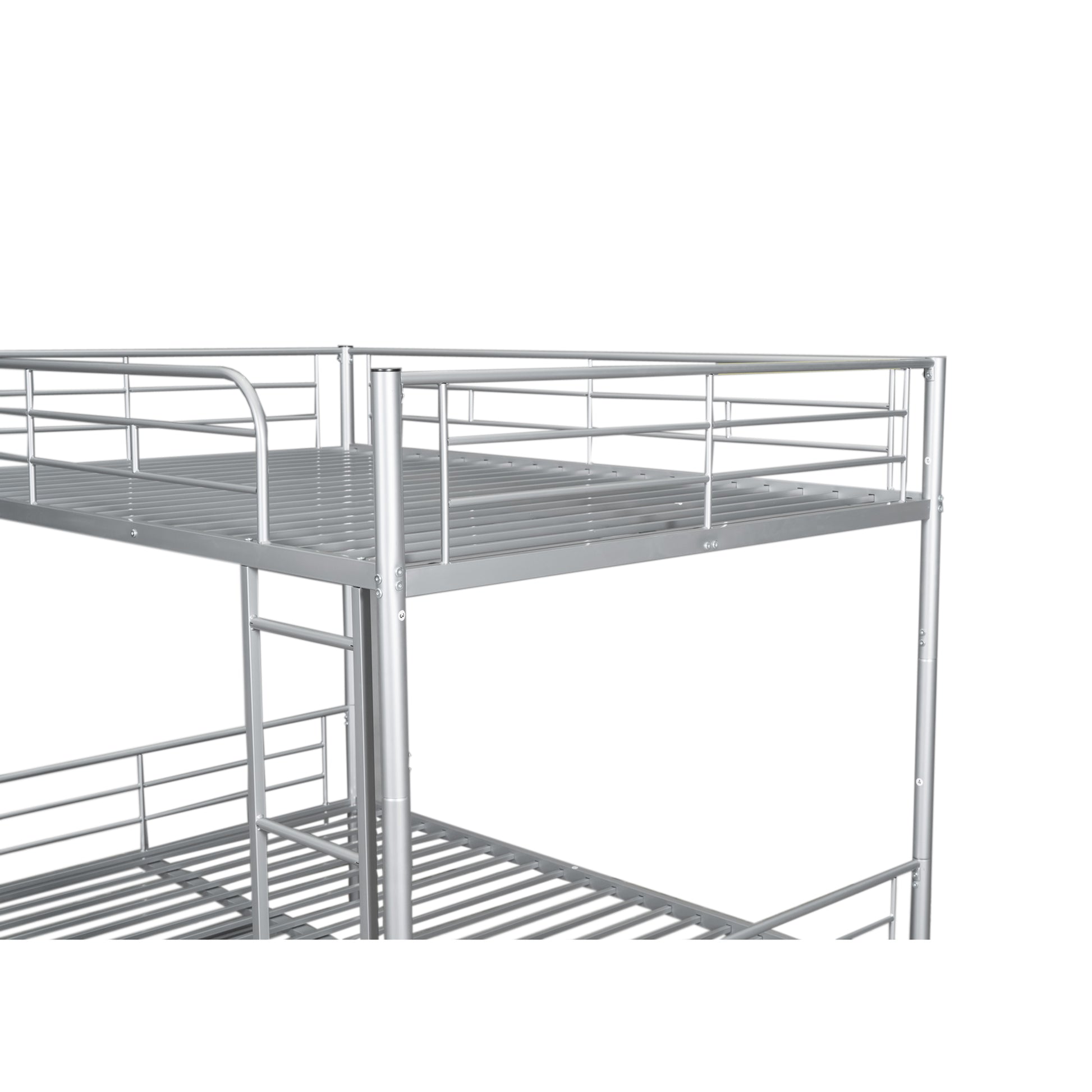 Silver metal bunk bed frame with guardrail detail