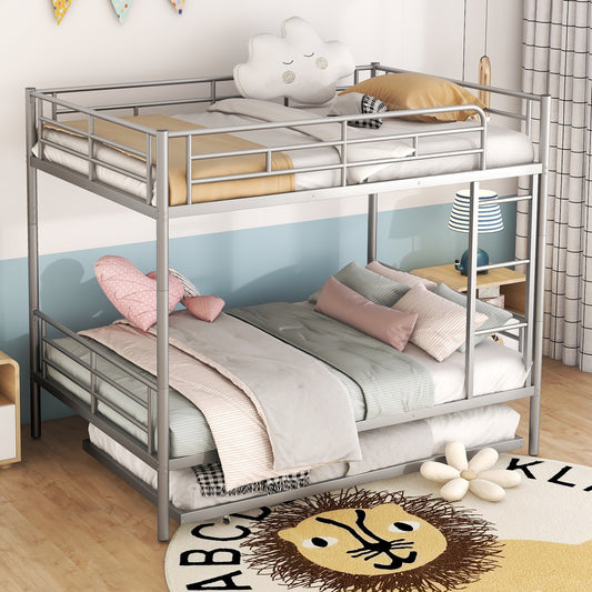 Silver metal twin over twin bunk bed with bedding and decorative pillows