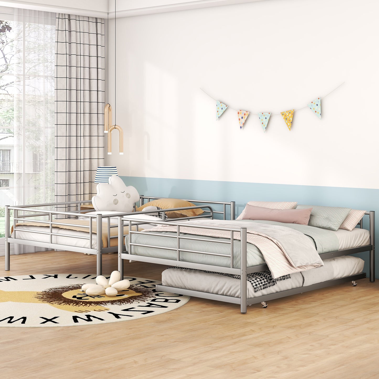 Silver metal twin over twin bunk bed with pullout trundle