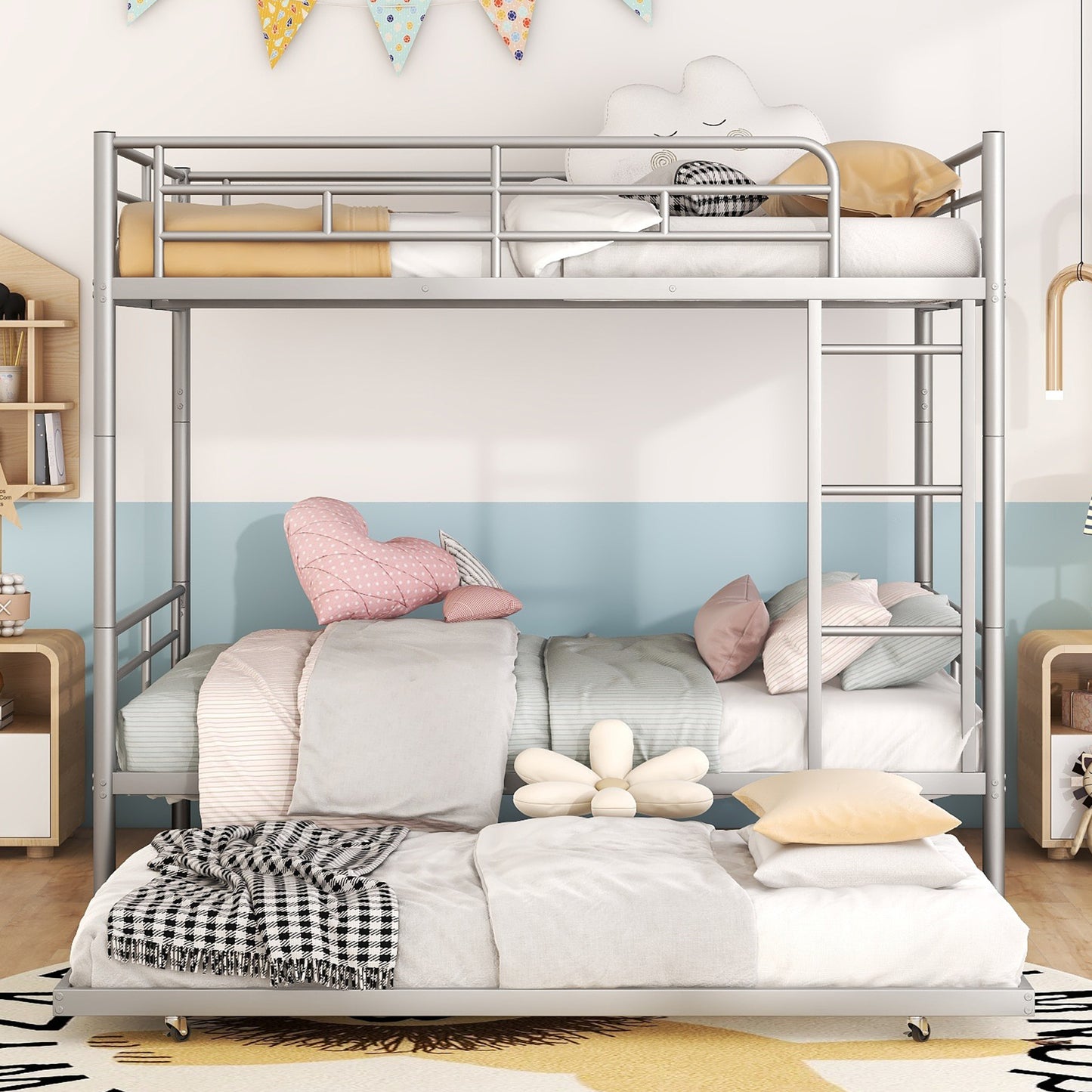 Silver metal triple bunk bed with white grey and pink bedding ideal for kids