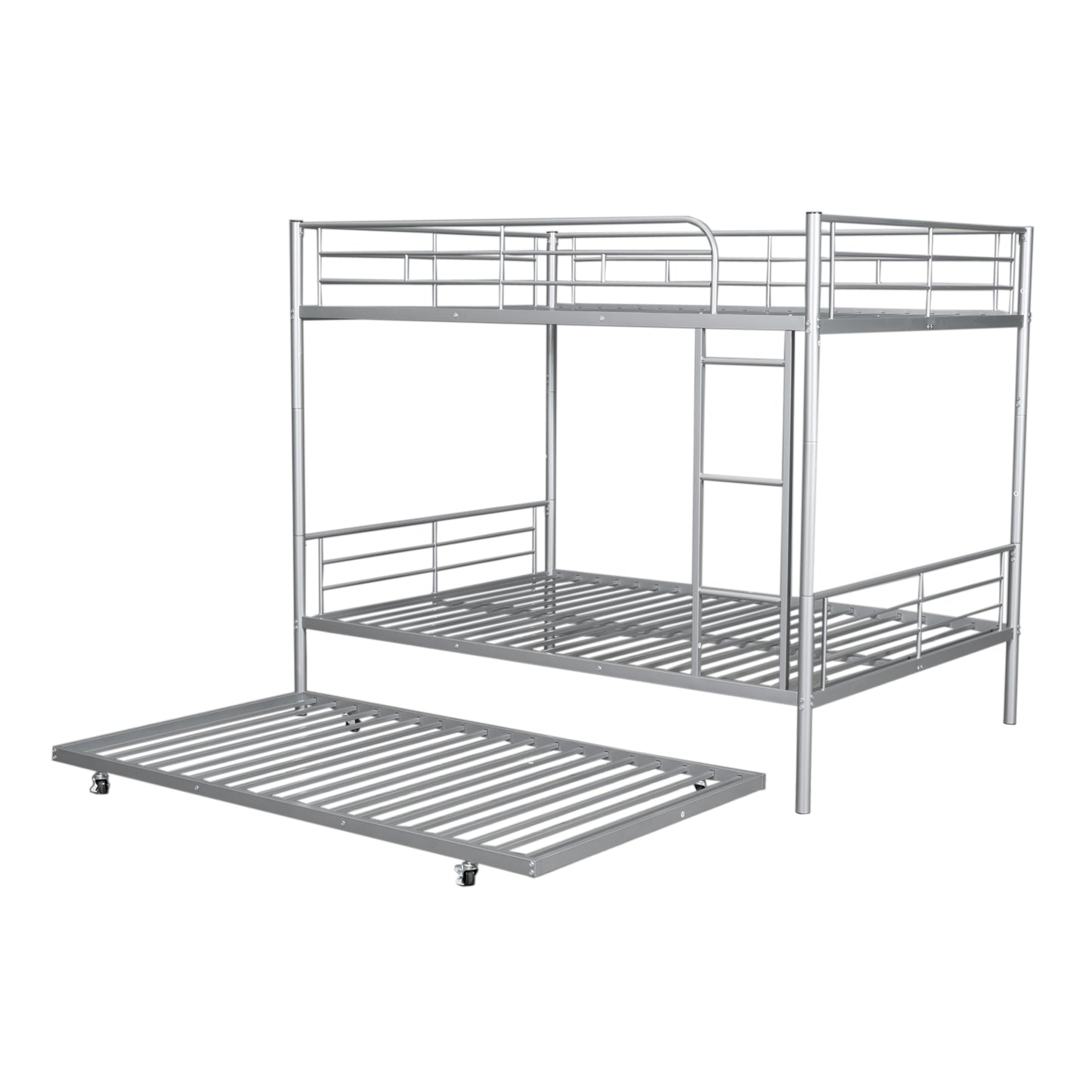 Silver metal triple bunk bed with pullout trundle