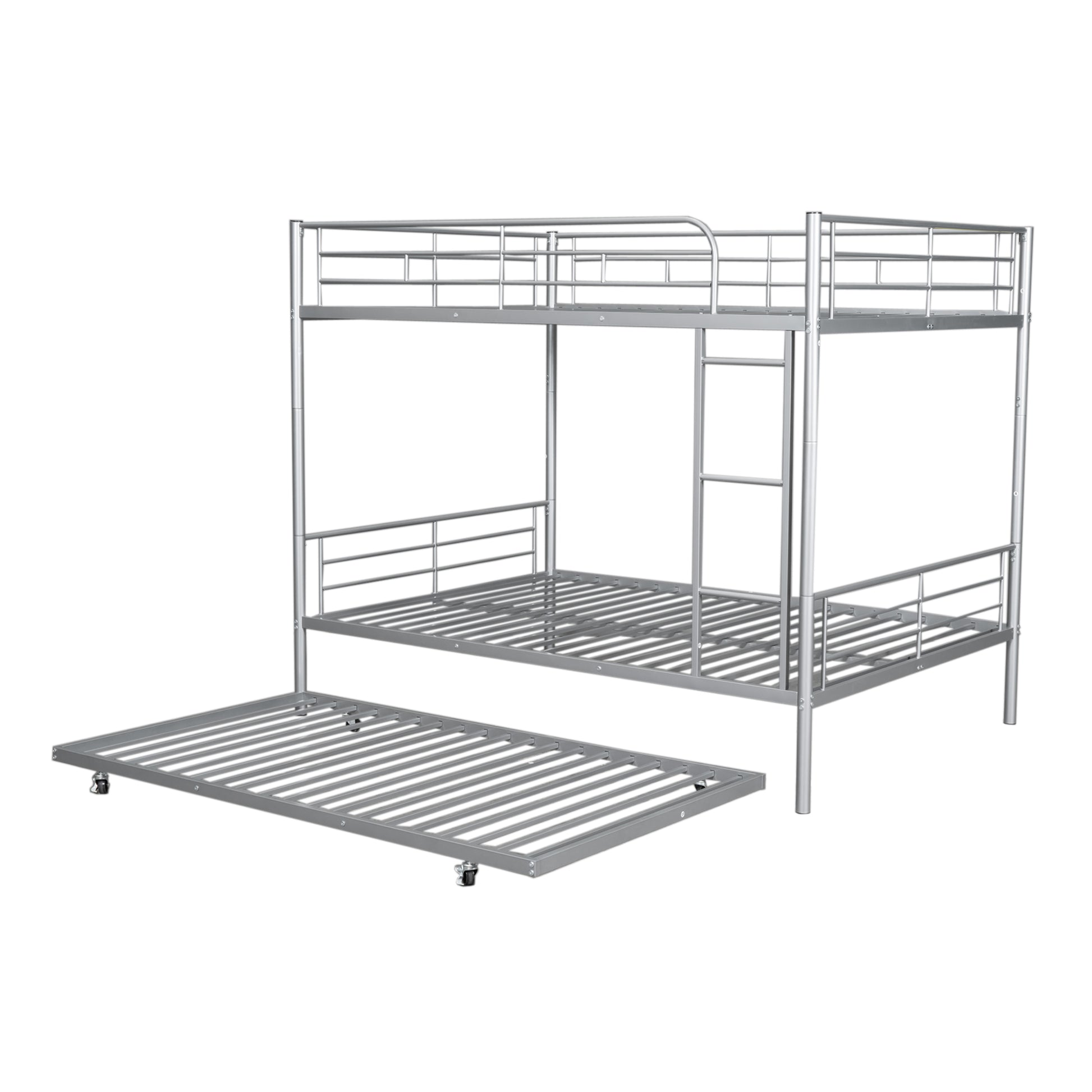 Silver metal triple bunk bed with pullout trundle
