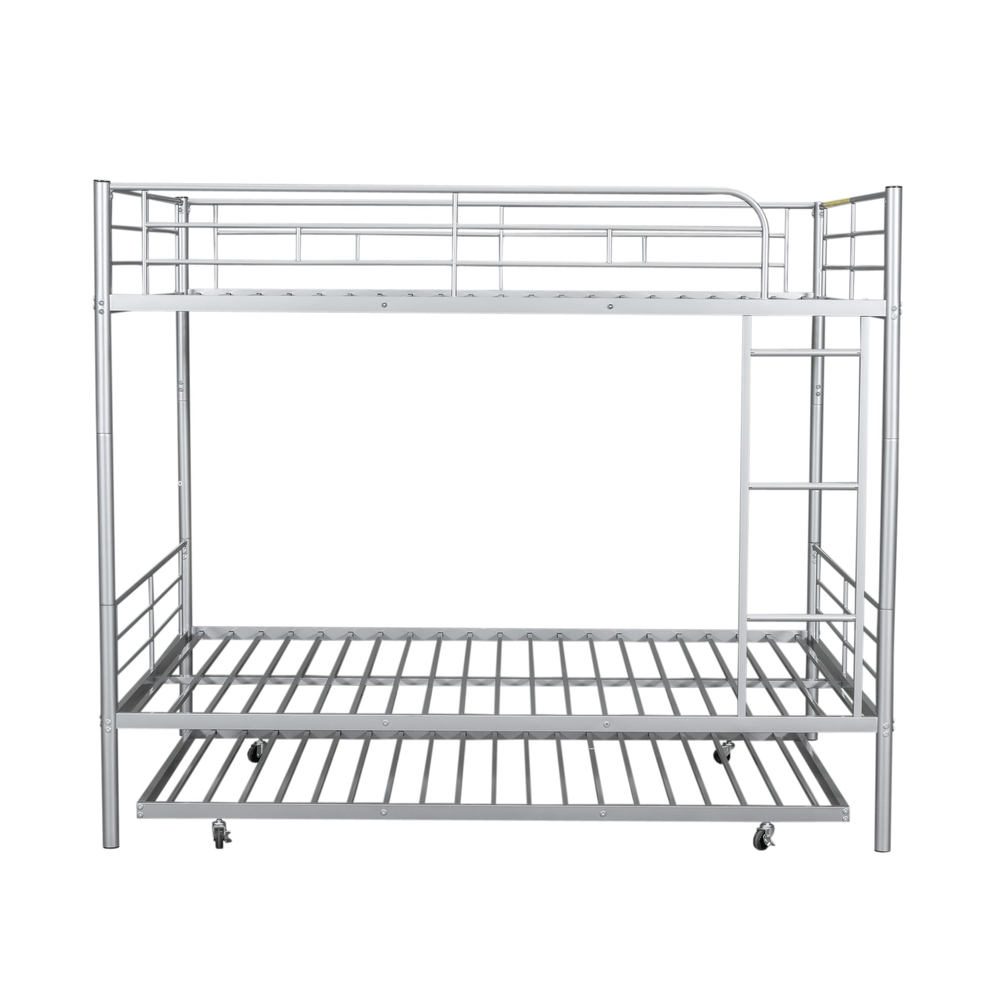 Silver metal triple bunk bed with pullout trundle