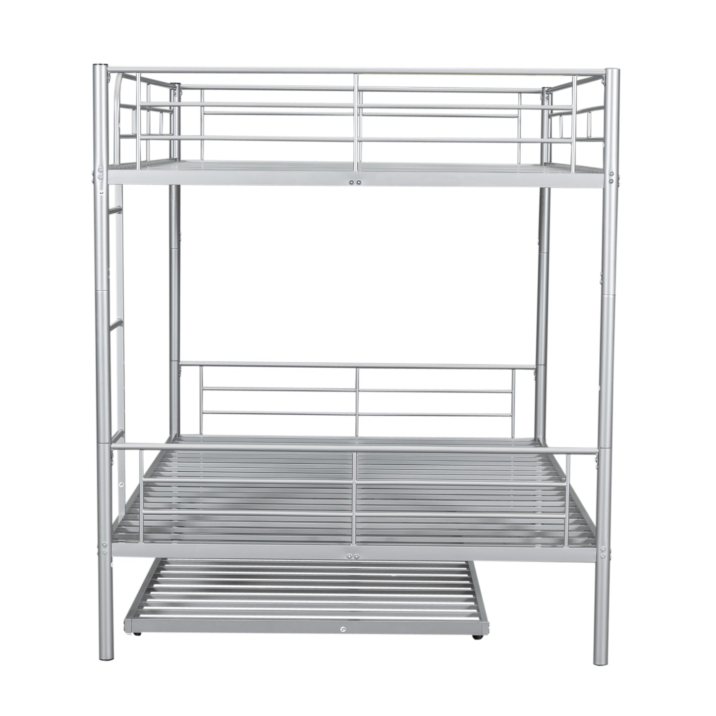 Silver metal bunk bed with integrated ladder and pullout trundle for kids