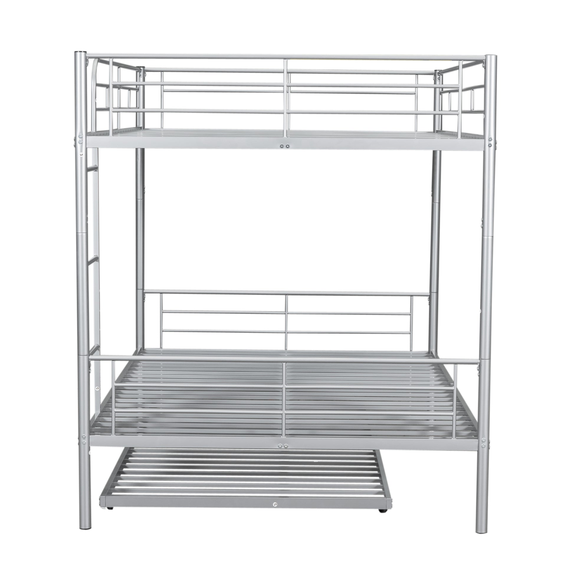 Silver metal bunk bed with integrated ladder and pullout trundle for kids