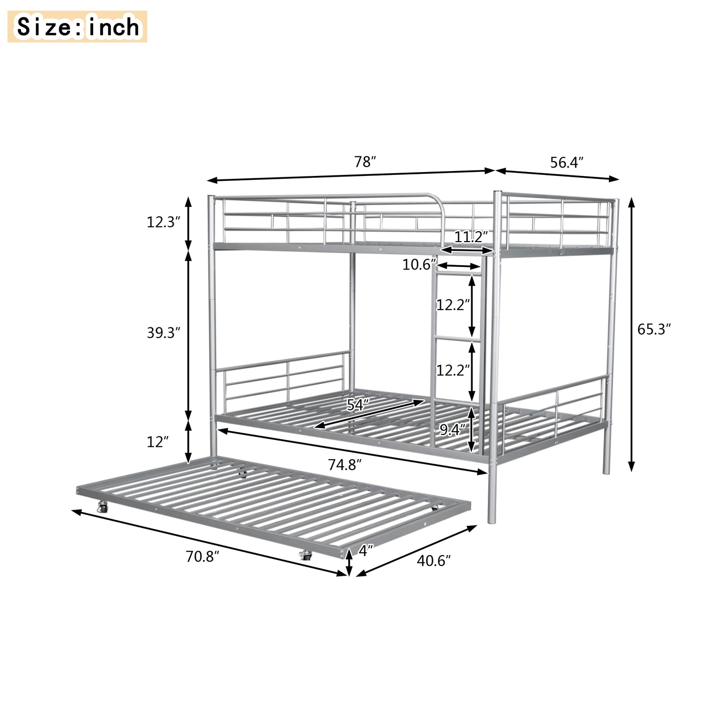 Silver metal twin over twin bunk bed with pullout trundle