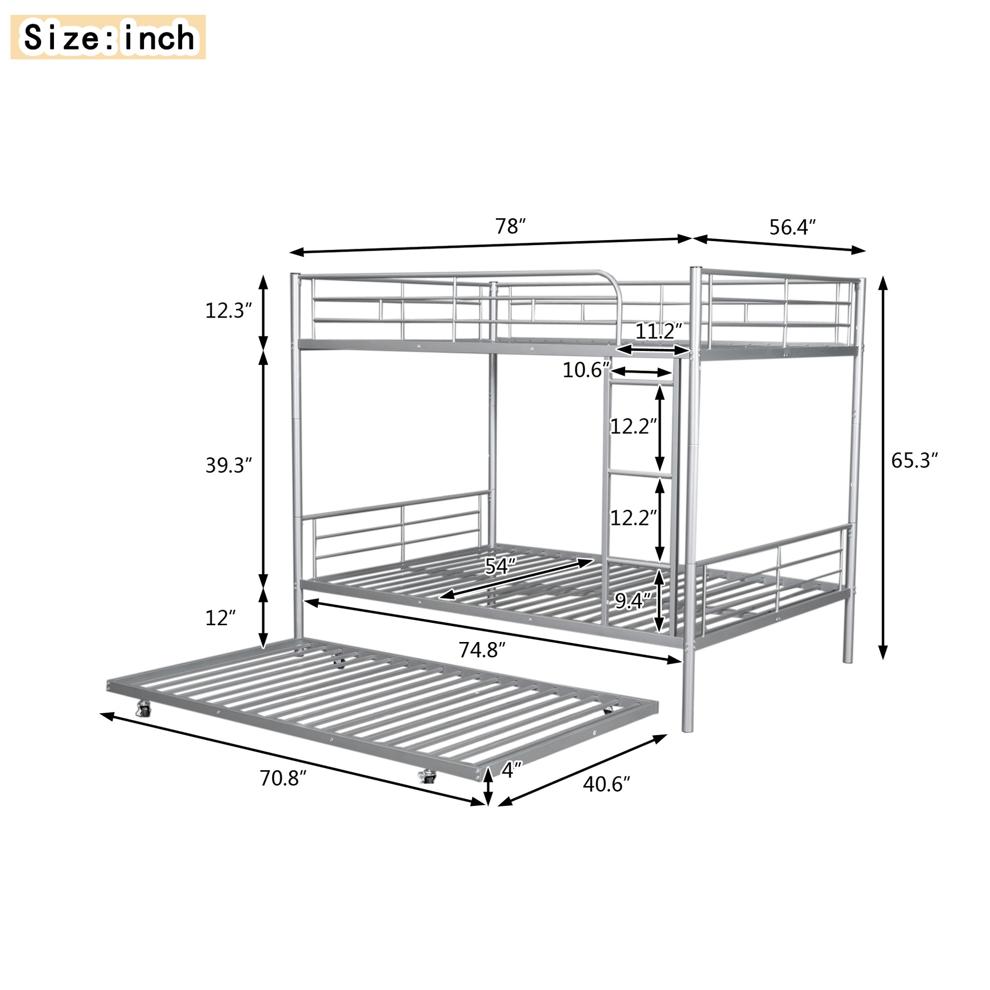 Silver metal twin over twin bunk bed with pullout trundle
