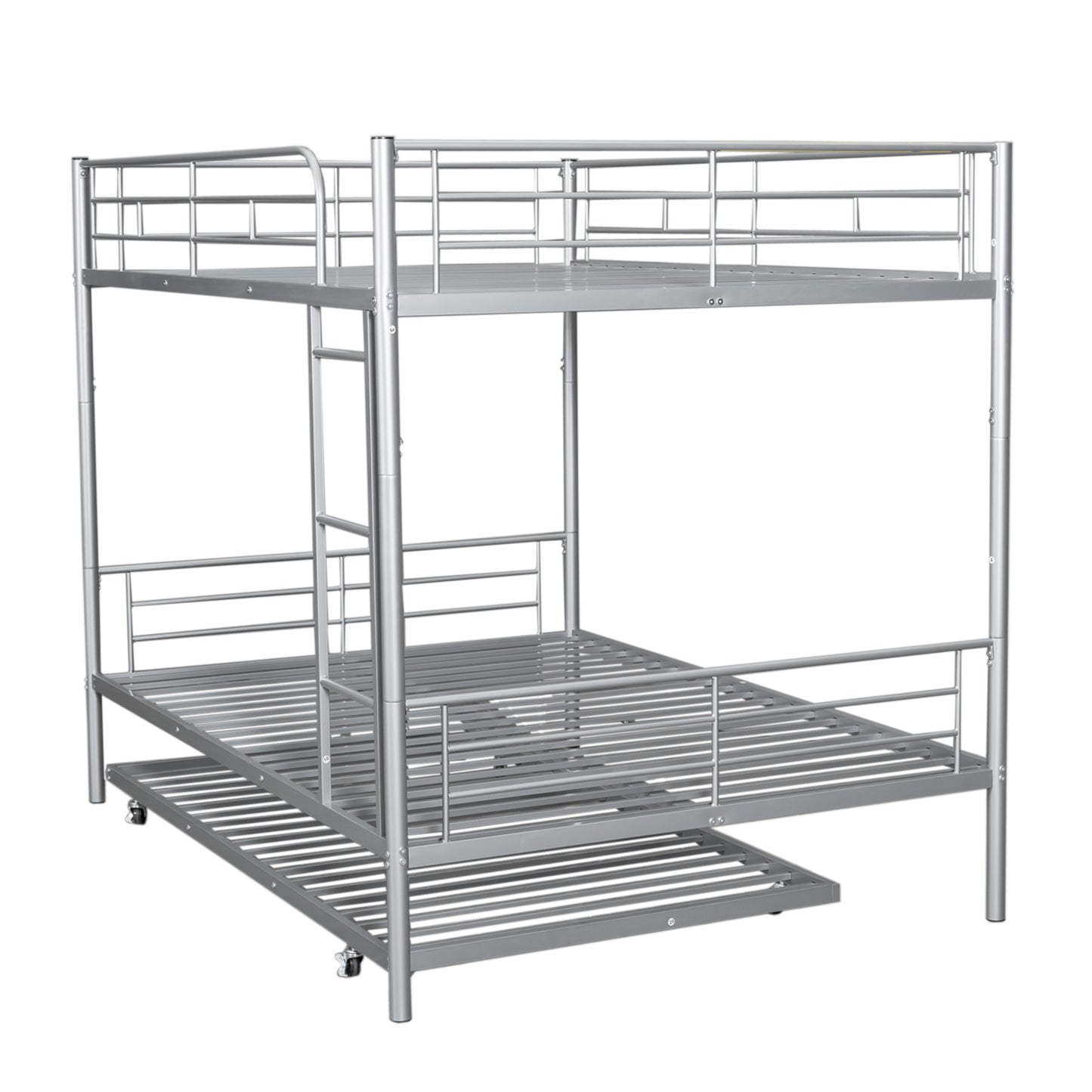 Silver metal triple bunk bed with pullout trundle for kids