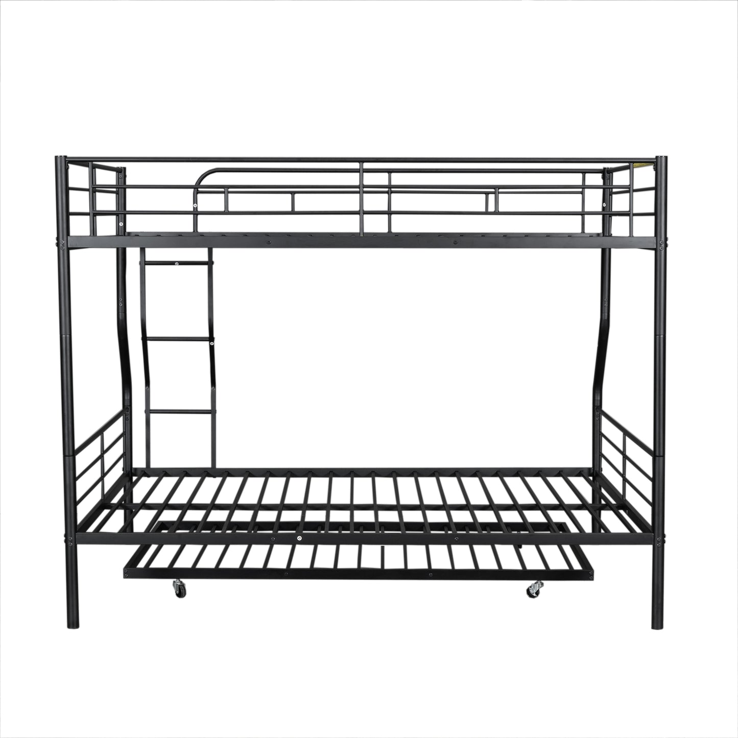 Black metal triple bunk bed with ladder and pullout trundle