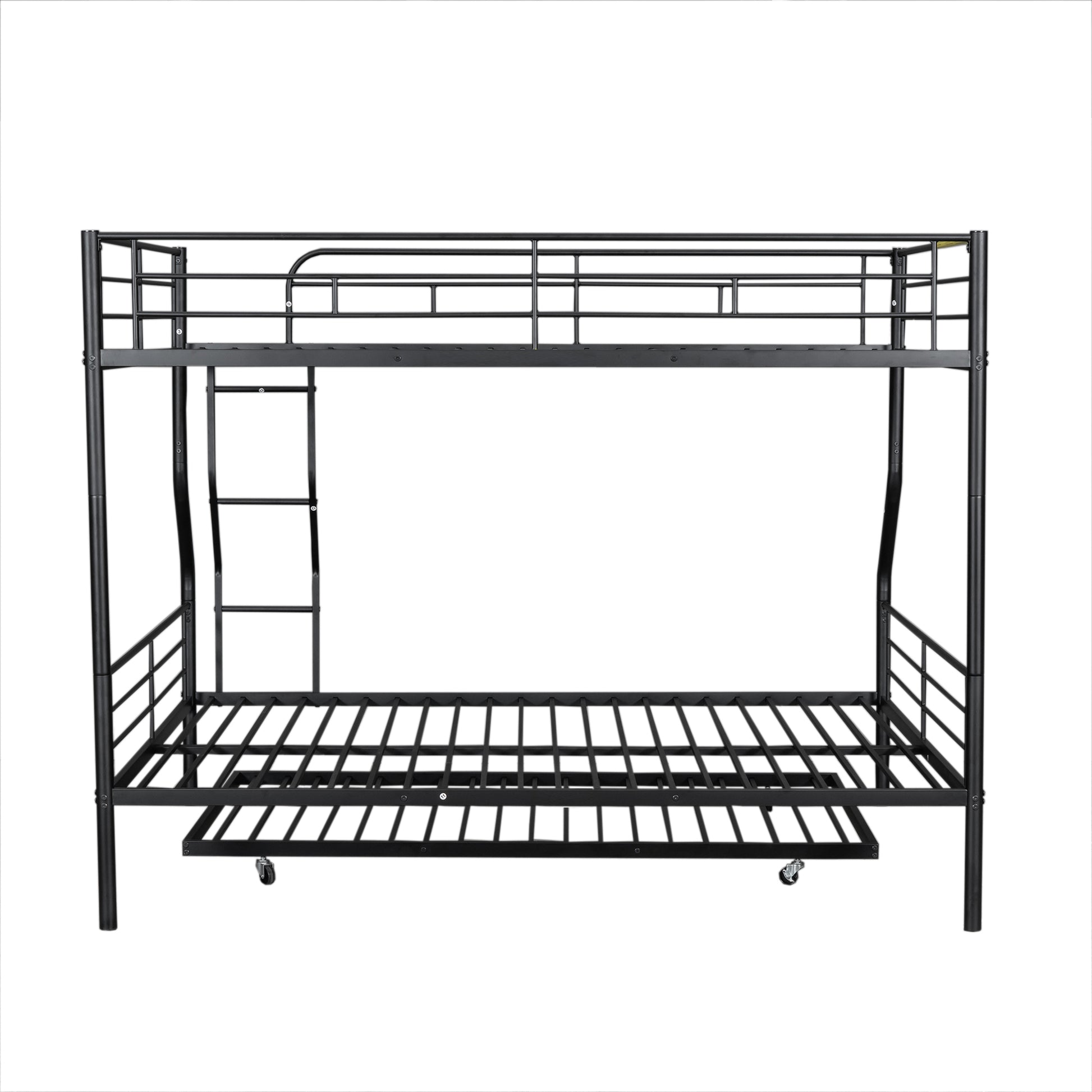 Black metal triple bunk bed with ladder and pullout trundle