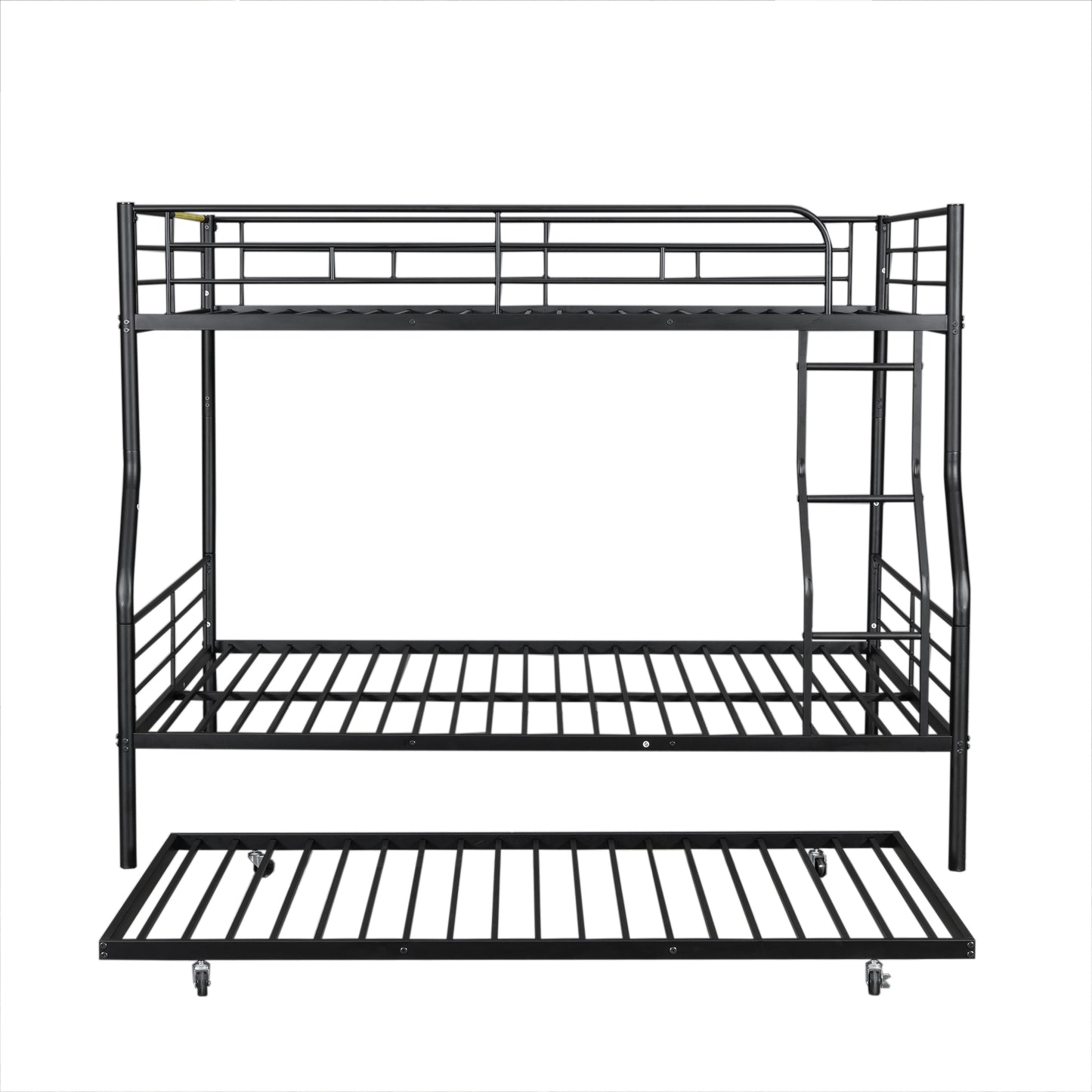 Black metal triple bunk bed with pullout trundle