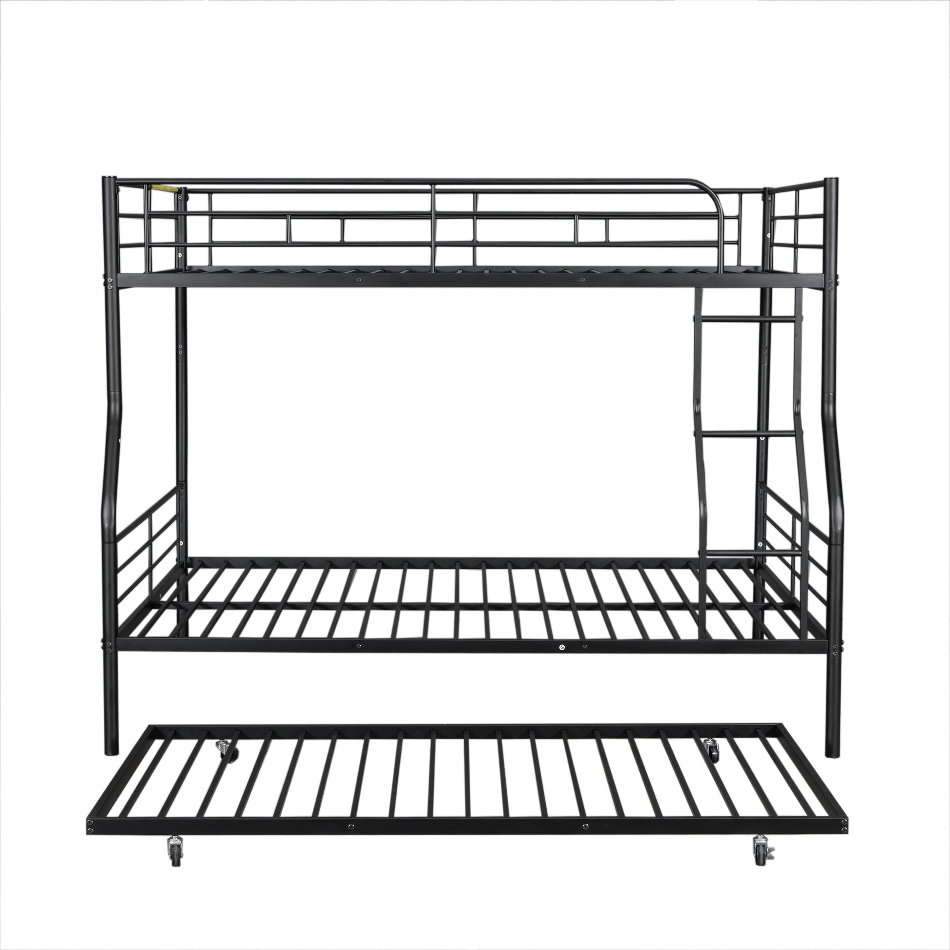 Black metal triple bunk bed with pullout trundle