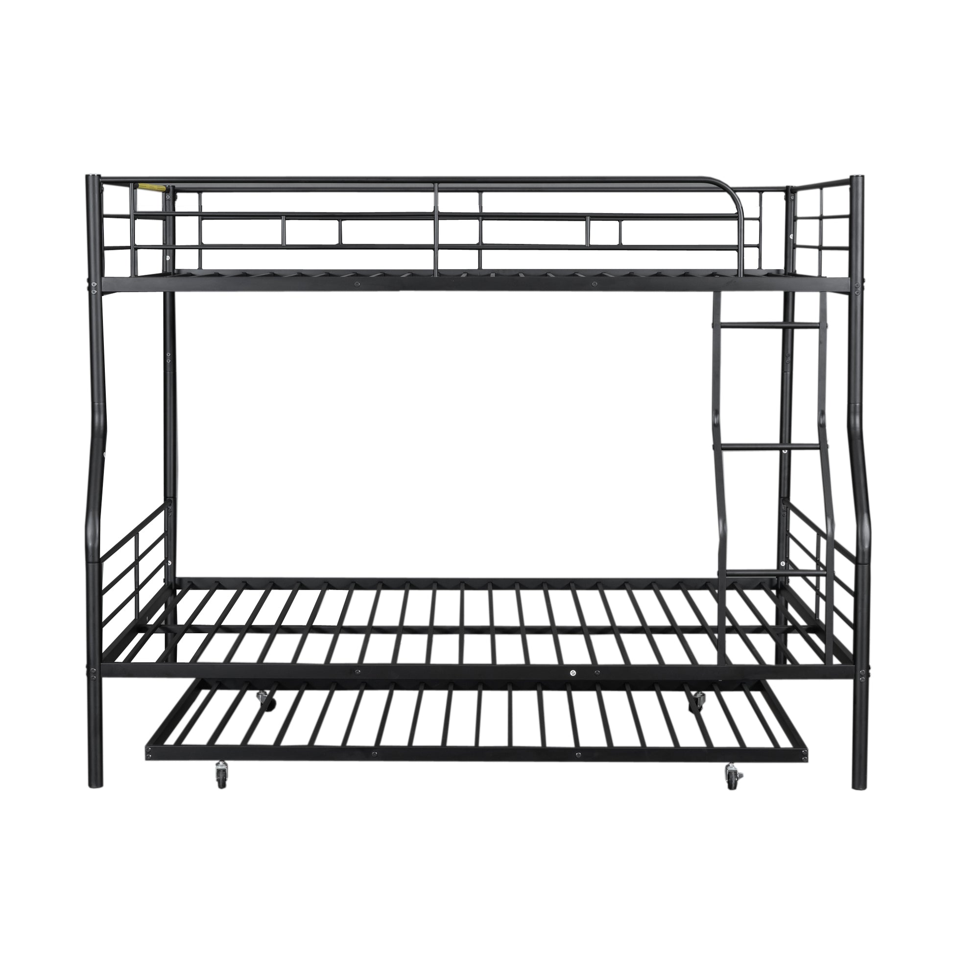 Black metal triple bunk bed with pullout trundle