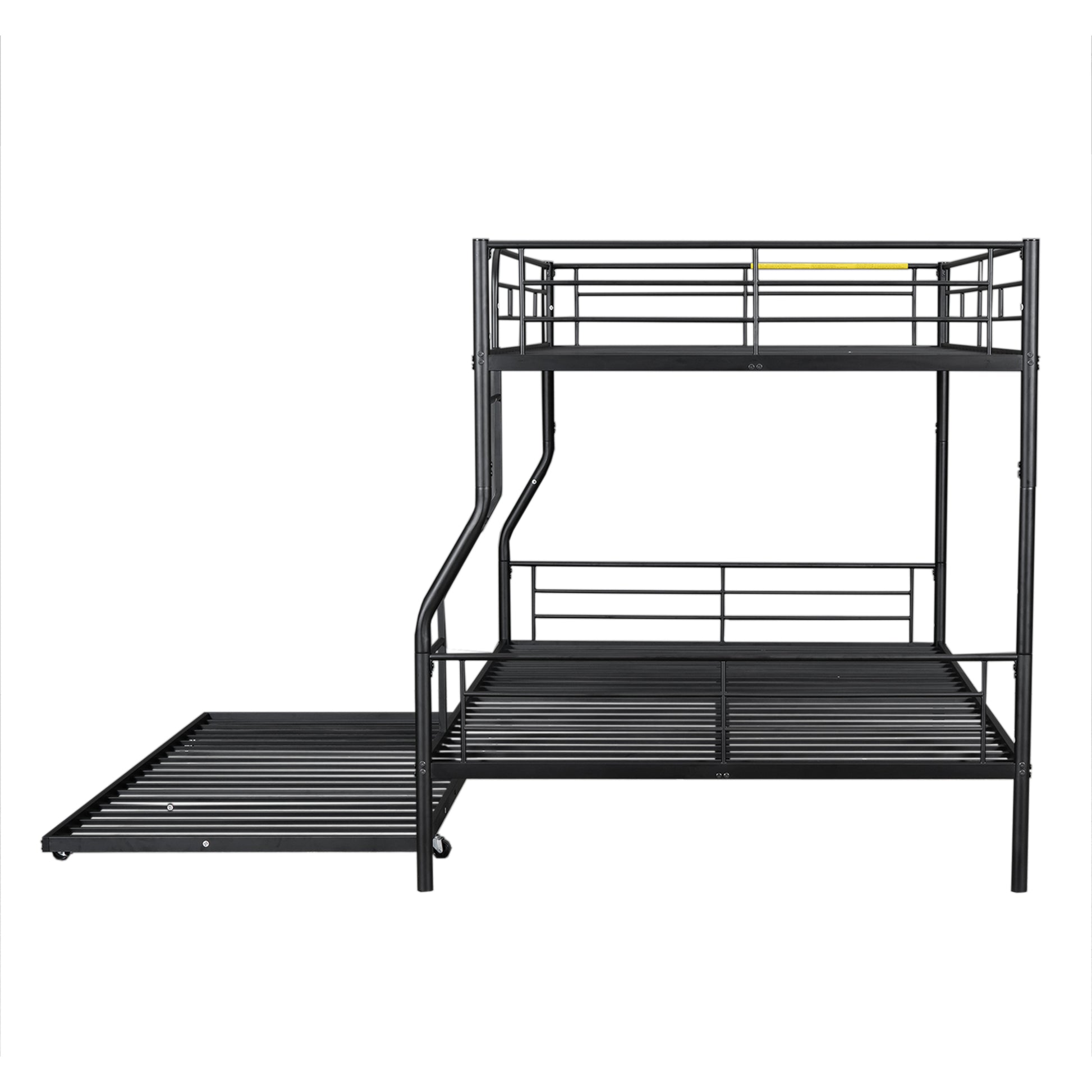 Black metal triple bunk bed with pullout trundle for childrens room