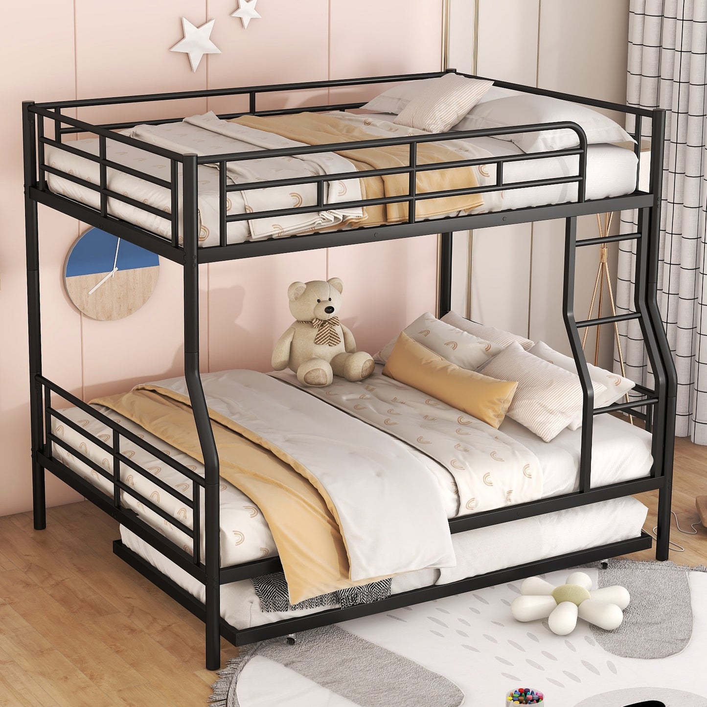 Black metal triple bunk bed with pullout trundle