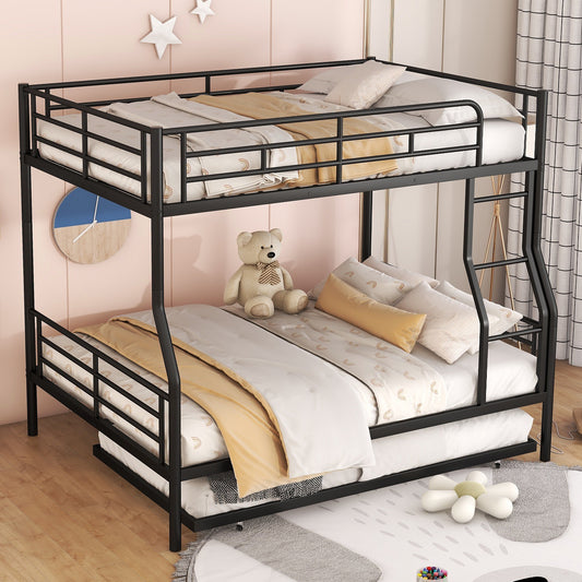 Black metal triple bunk bed with pullout trundle