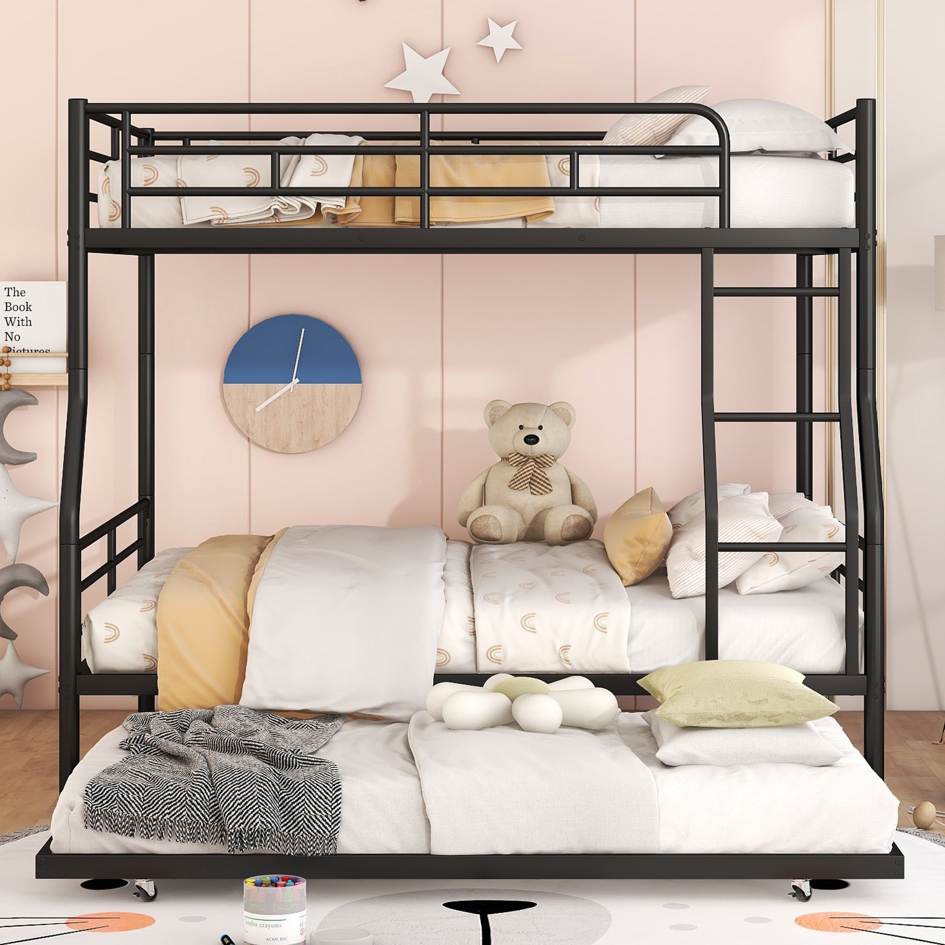 Black metal twin over twin bunk bed with white and yellow bedding