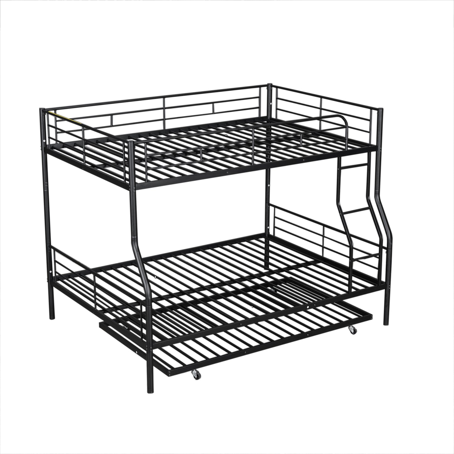 Black metal triple bunk bed with pullout trundle