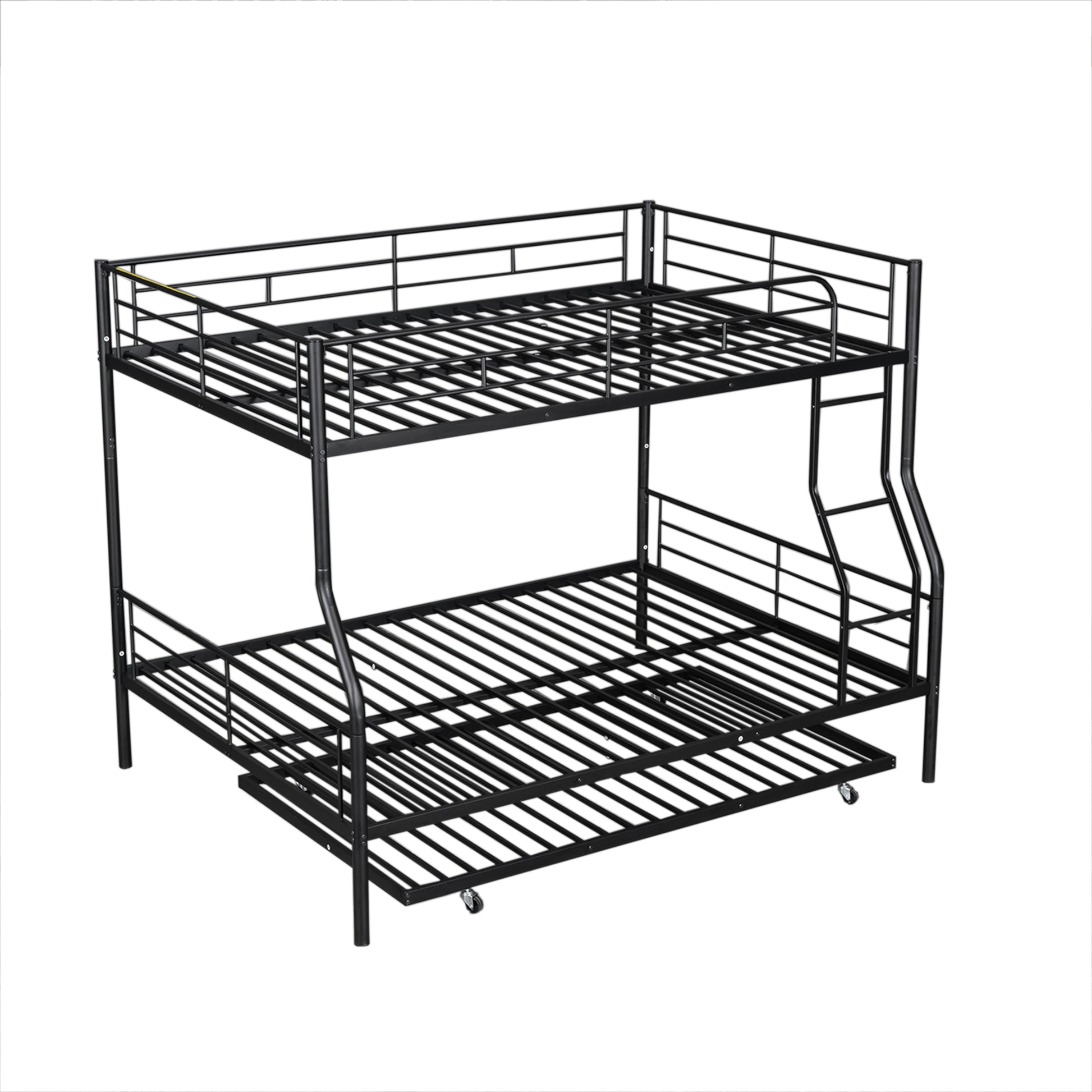 Black metal triple bunk bed with pullout trundle