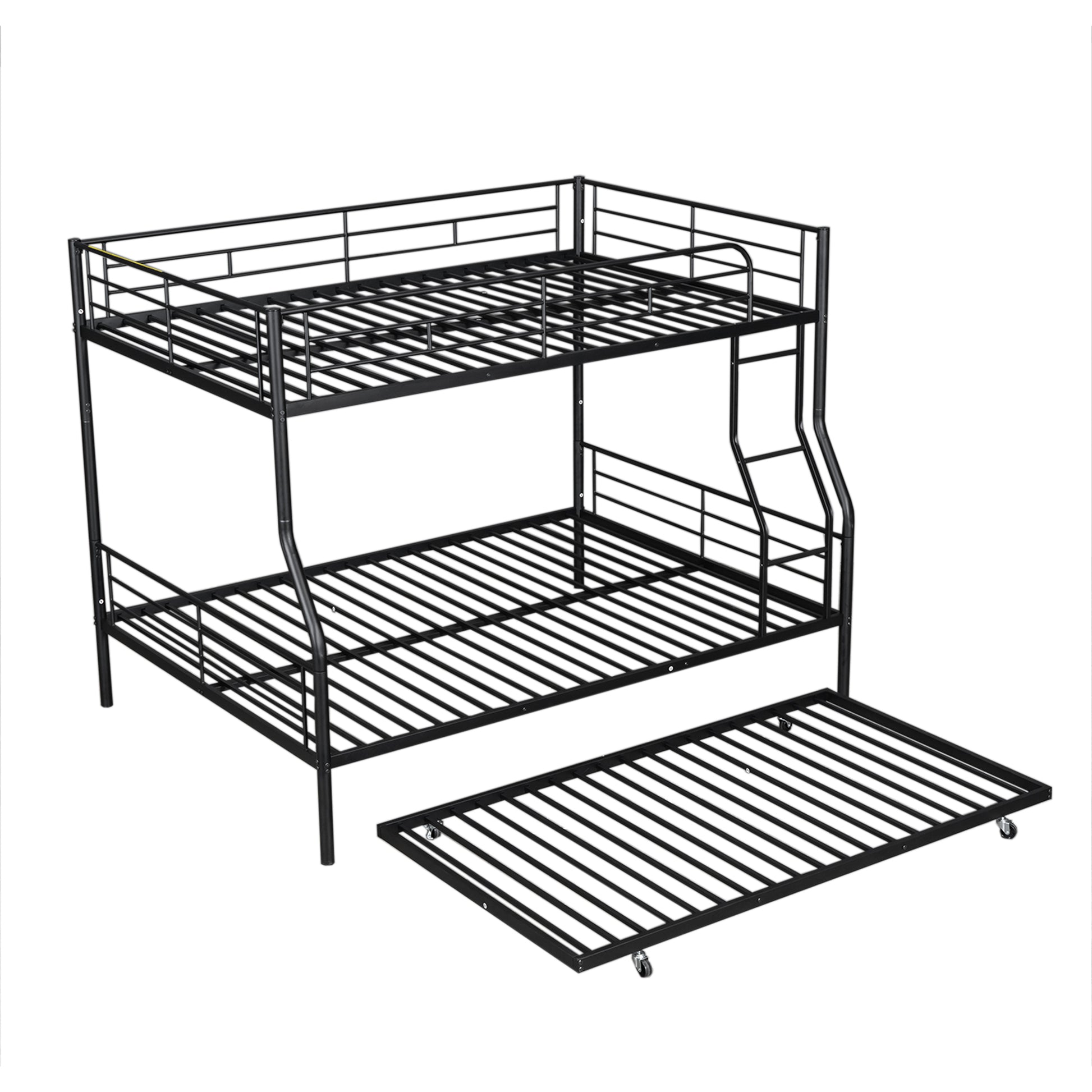 Black metal triple bunk bed with pullout trundle