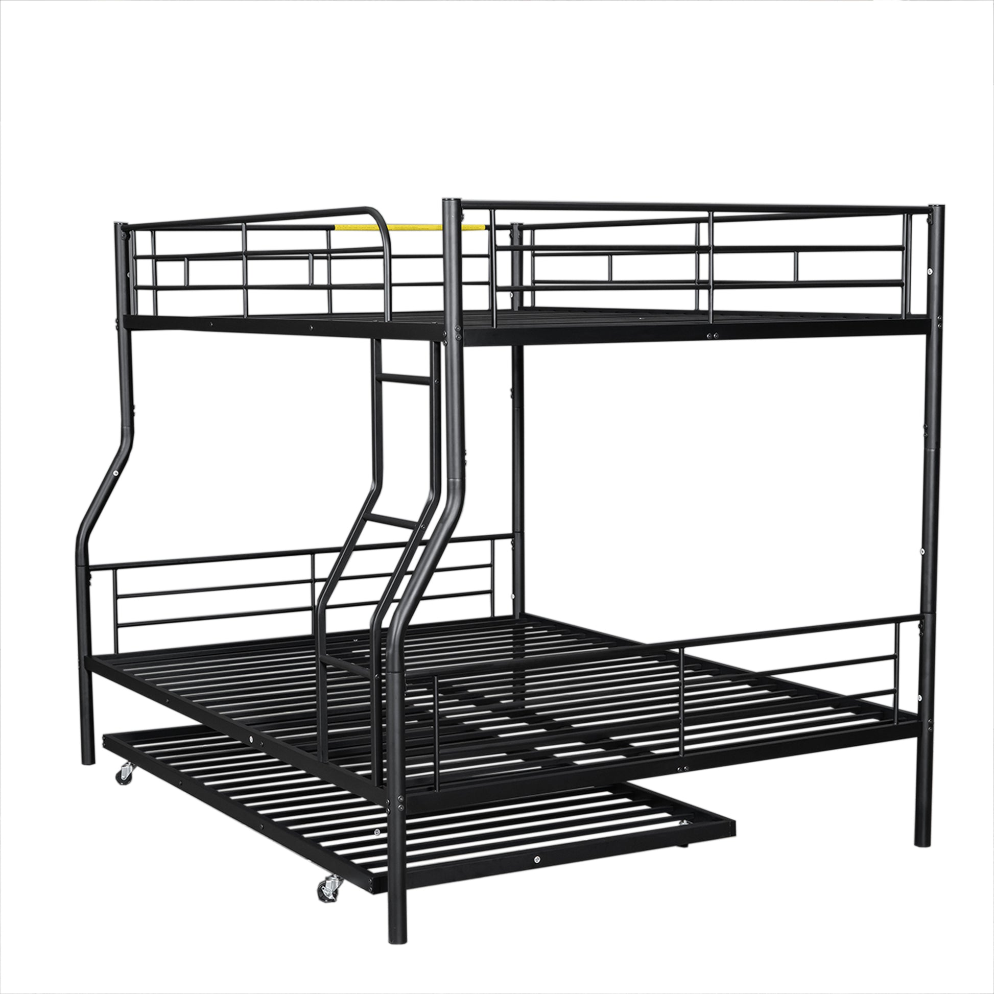 Black metal triple bunk bed with pullout trundle