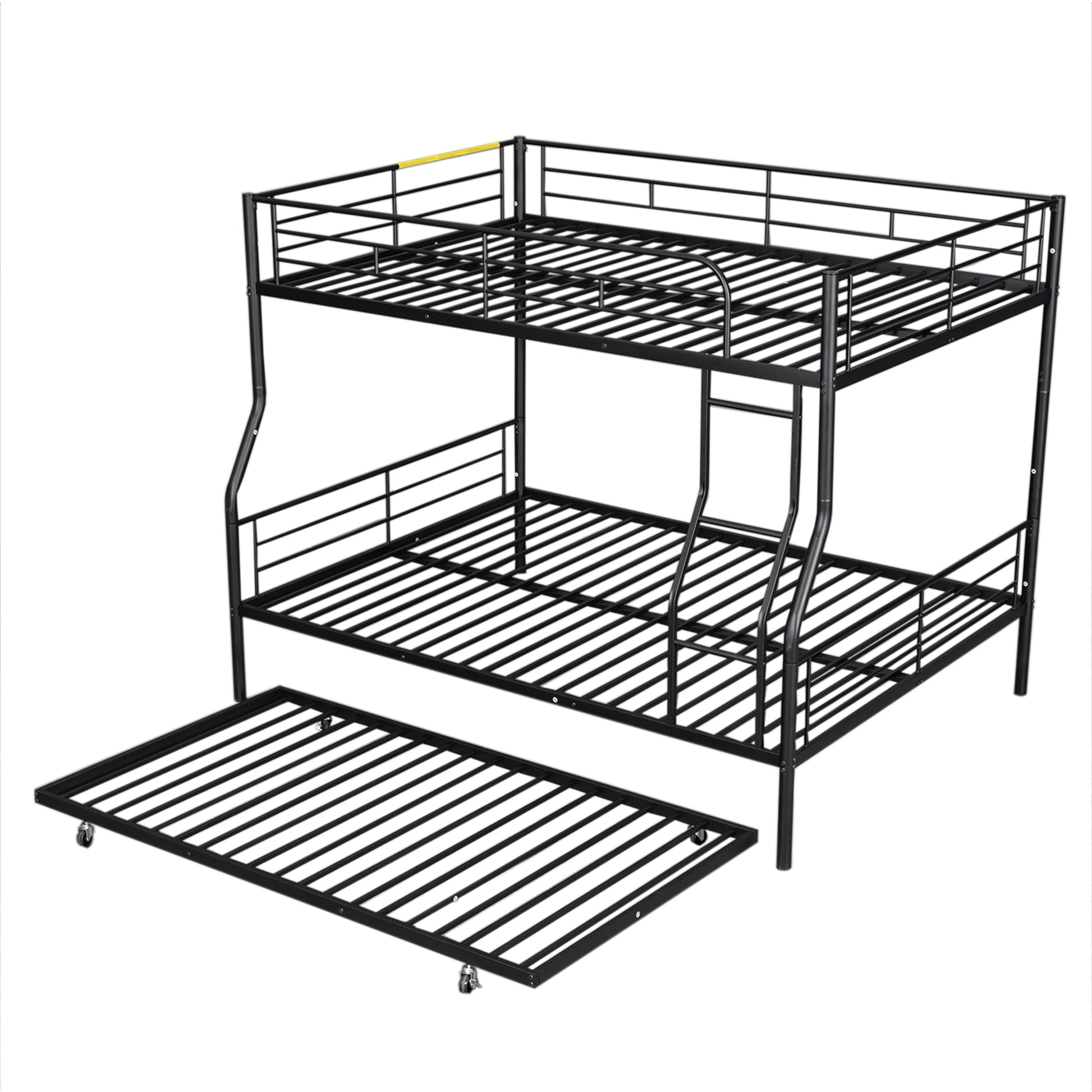 Black metal triple bunk bed with pullout trundle