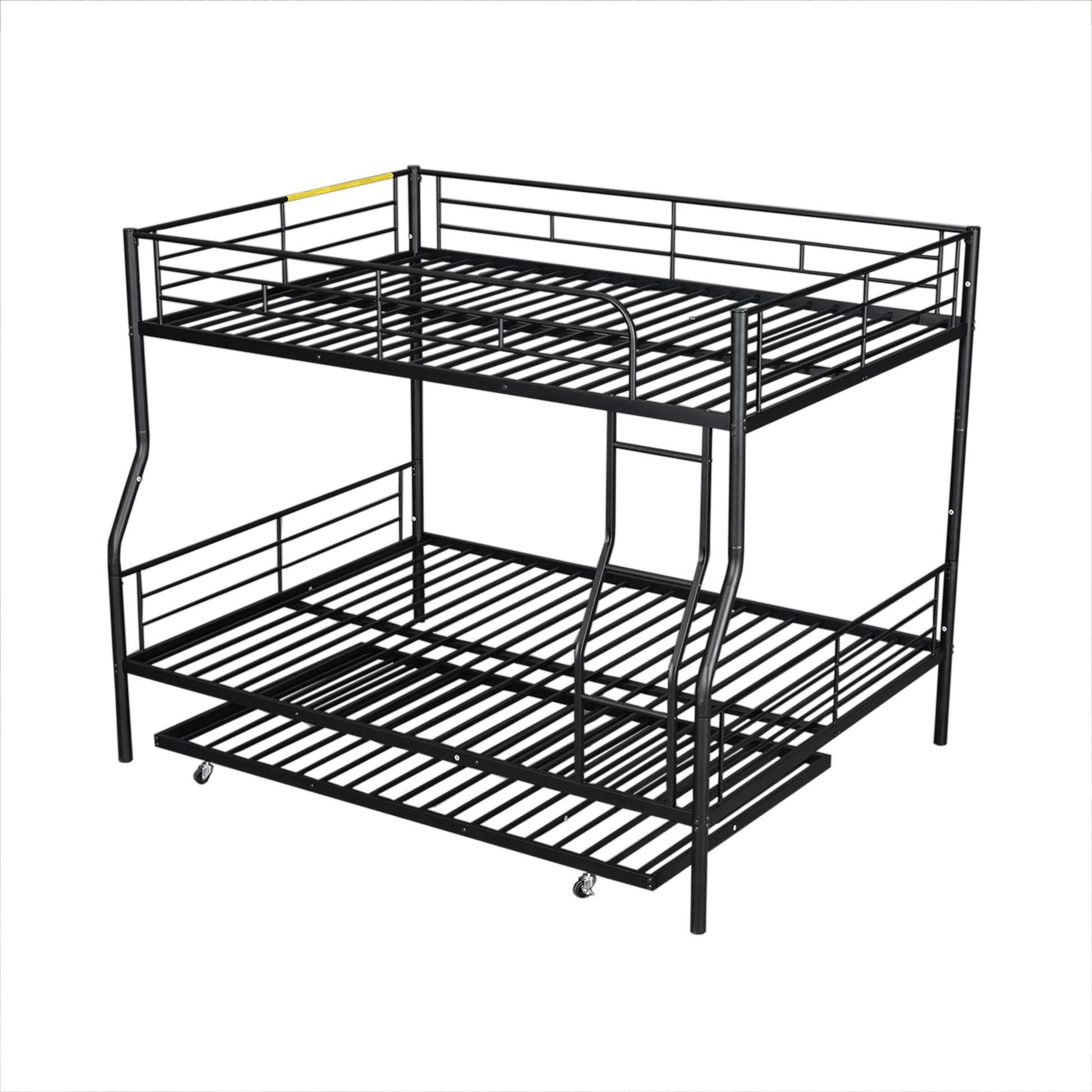 Black metal triple bunk bed with pullout trundle