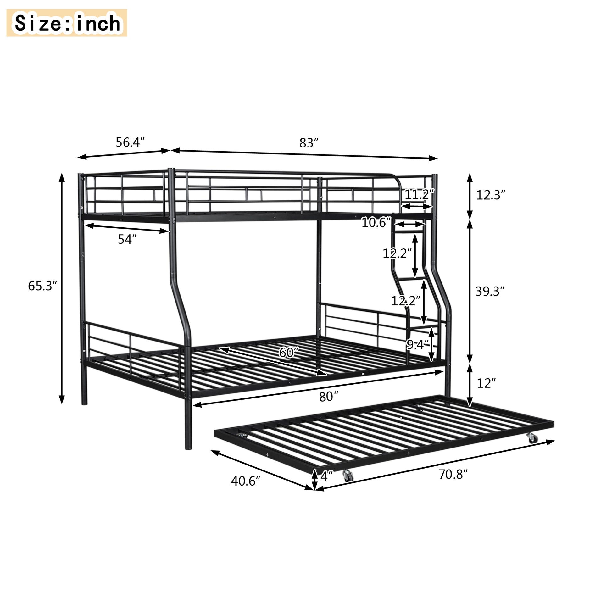 Black metal triple bunk bed with dimensions shown