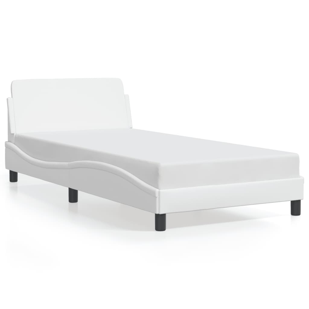 Dimensions of a white wooden single bed frame with headboard and slatted base