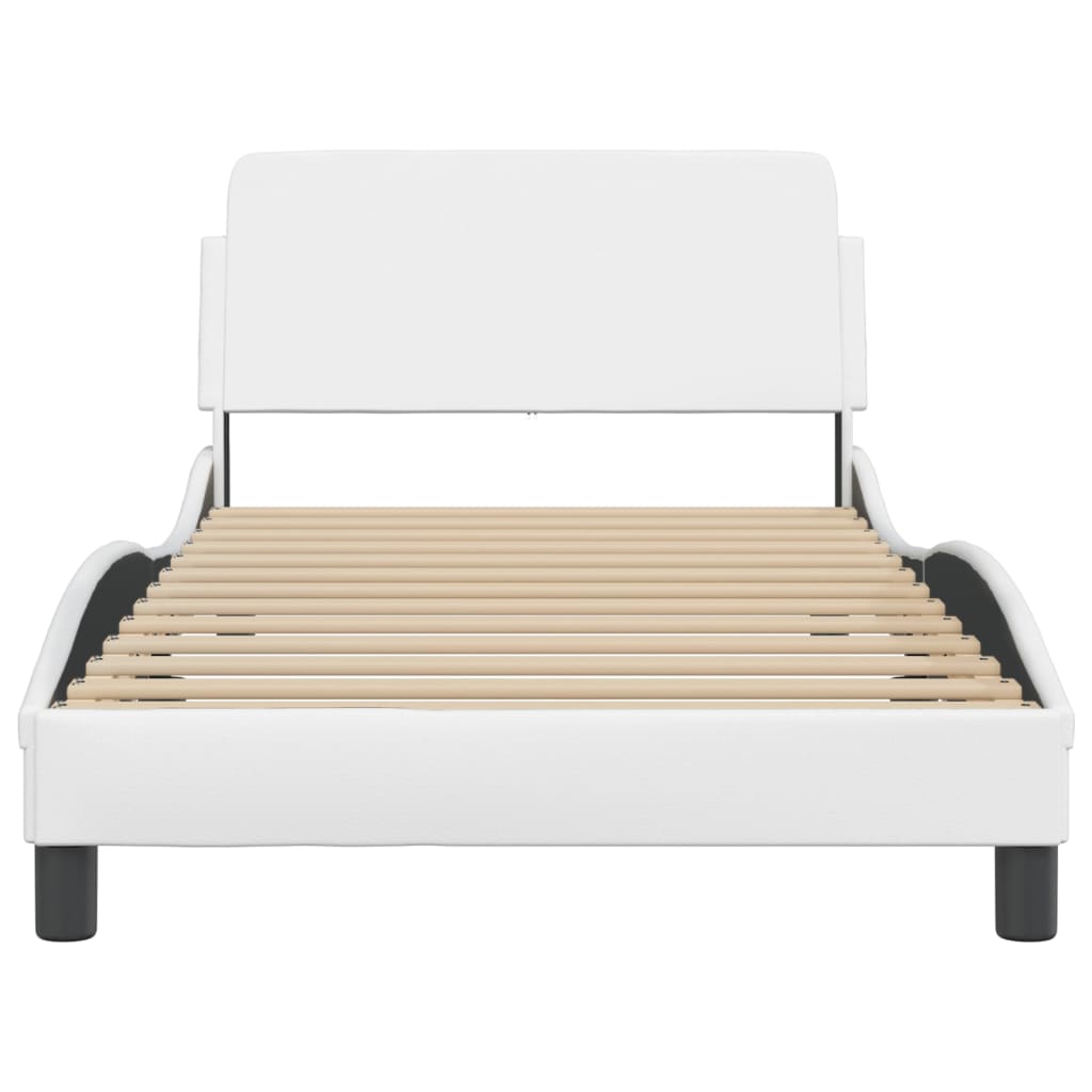 Modern white faux leather bed frame with wooden slats