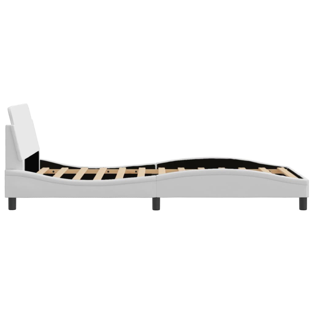 Minimalist white upholstered bed frame with wooden slats