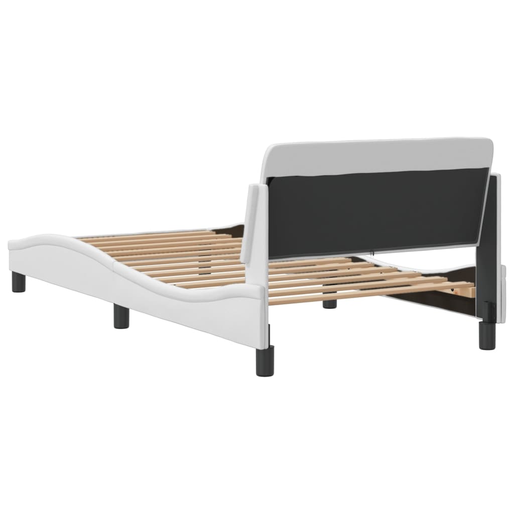 White upholstered bed frame with curved sides and wooden slats