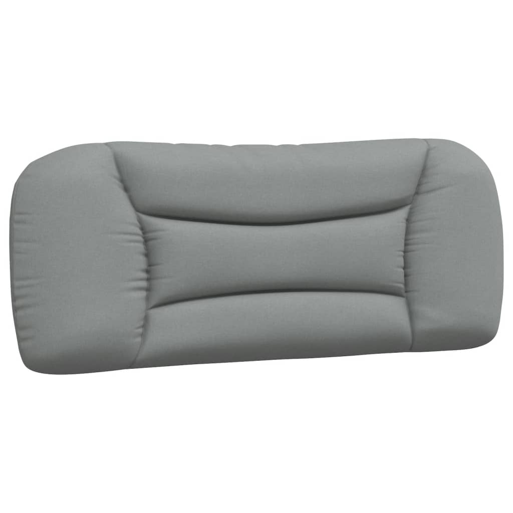 Grey fabric upholstered bed frame with curved silhouette and slatted base