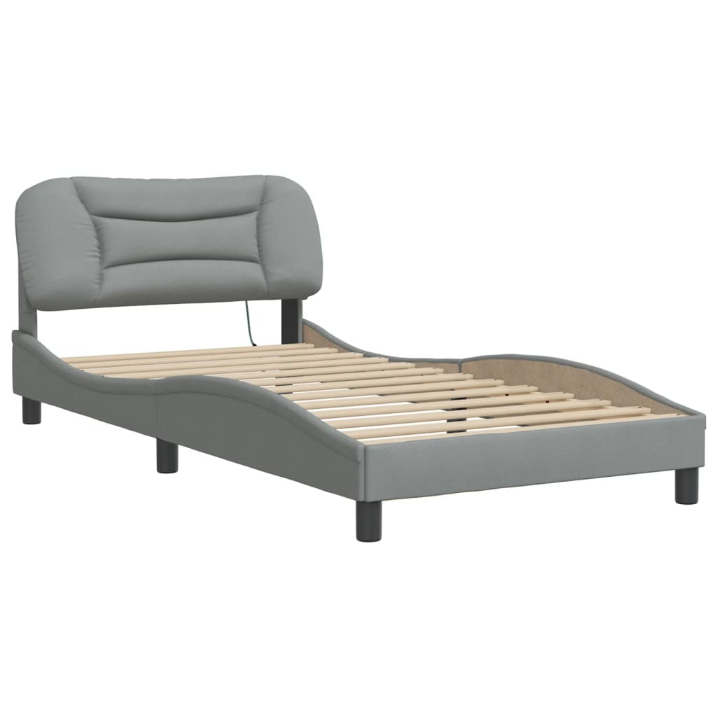 Grey upholstered twin bed frame with adjustable LED headboard lighting