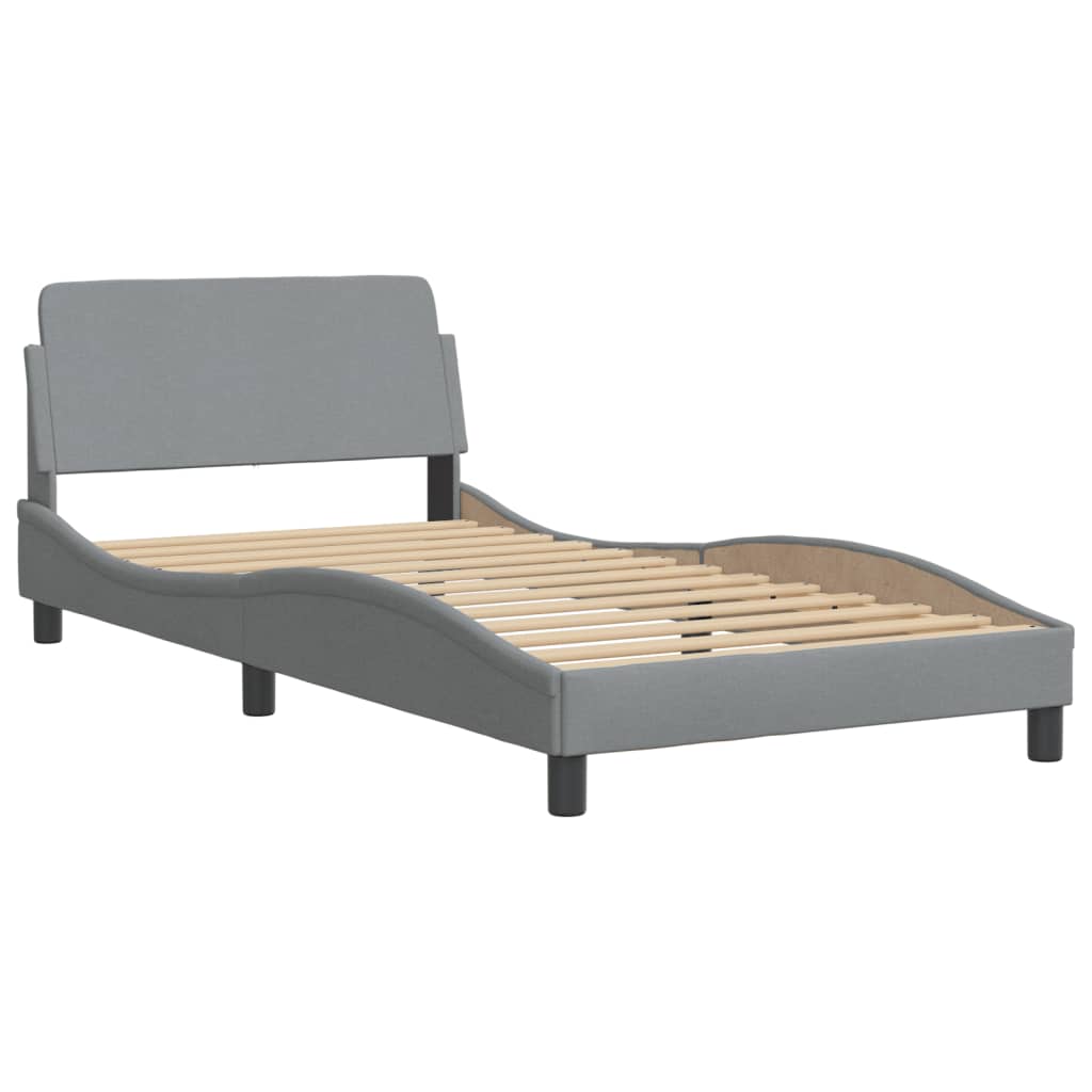 Upholstered adjustable bed frame with grey fabric and wooden slats