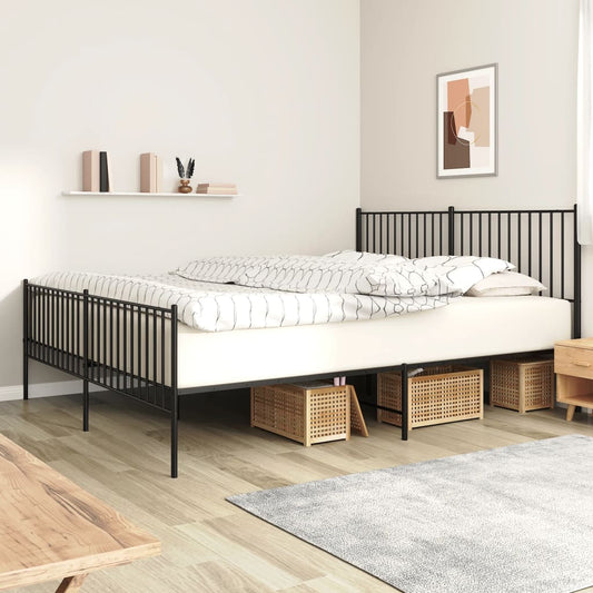 Modern black metal bed frame with a slatted headboard and footboard featuring underbed storage