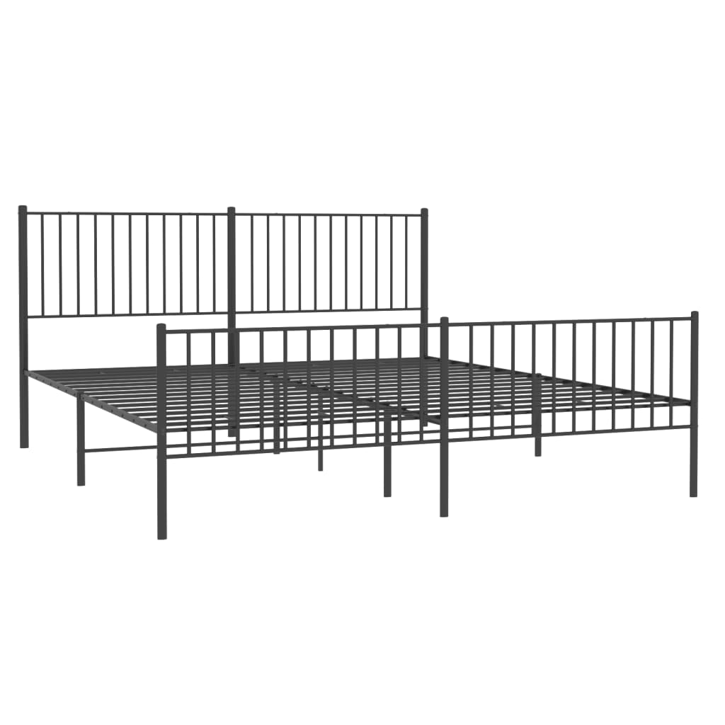 Black metal queen bed frame with vertical slats and a white mattress