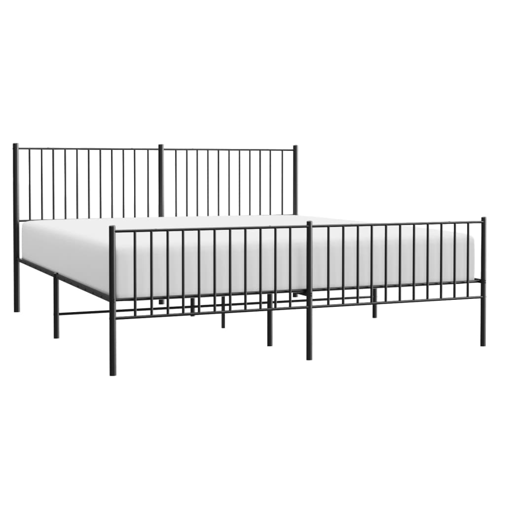 Minimalist black metal bed frame with slatted headboard