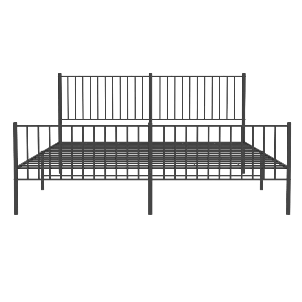 Minimalist black metal bed frame with vertical slat headboard