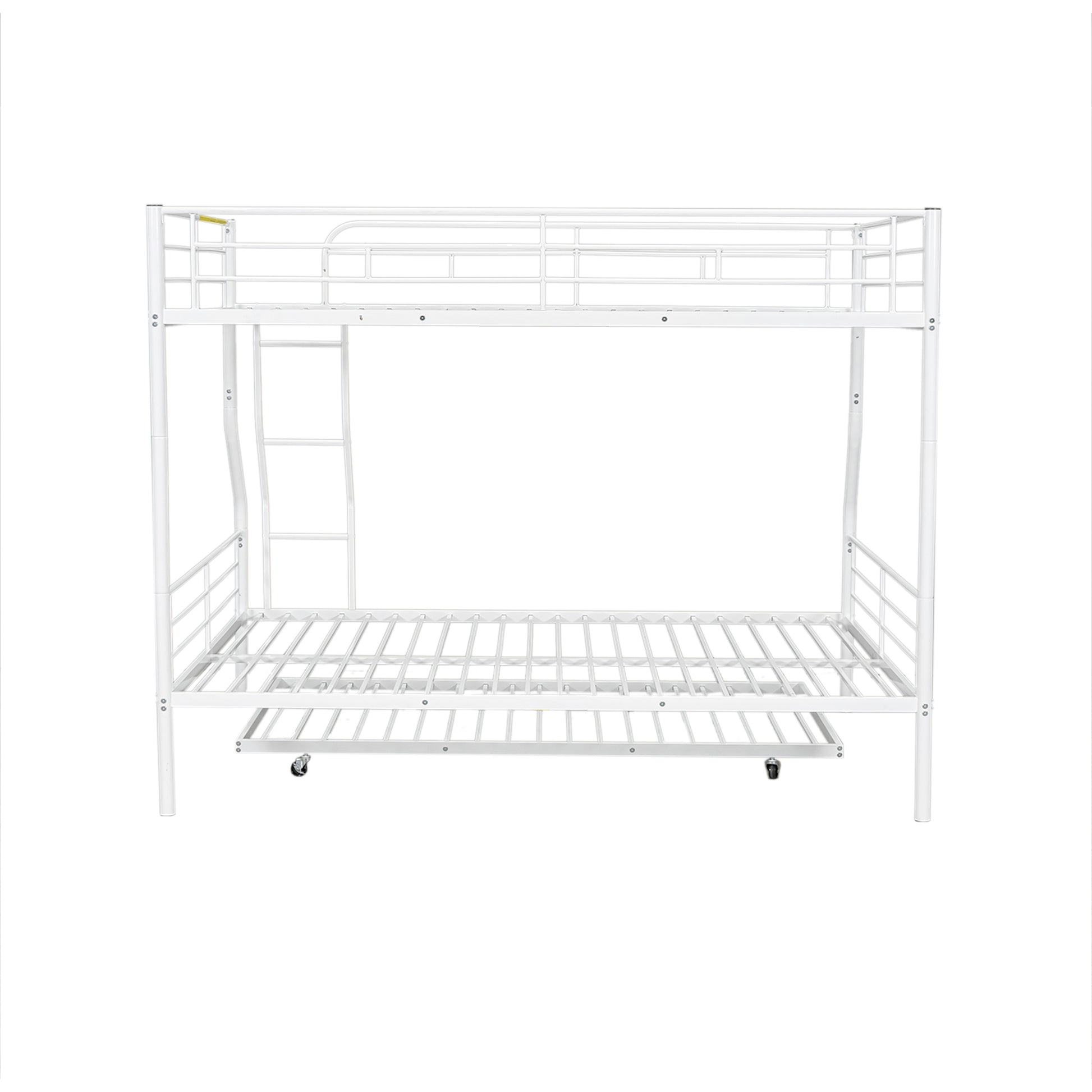 White metal bunk bed frame with ladder and pullout trundle for kids rooms