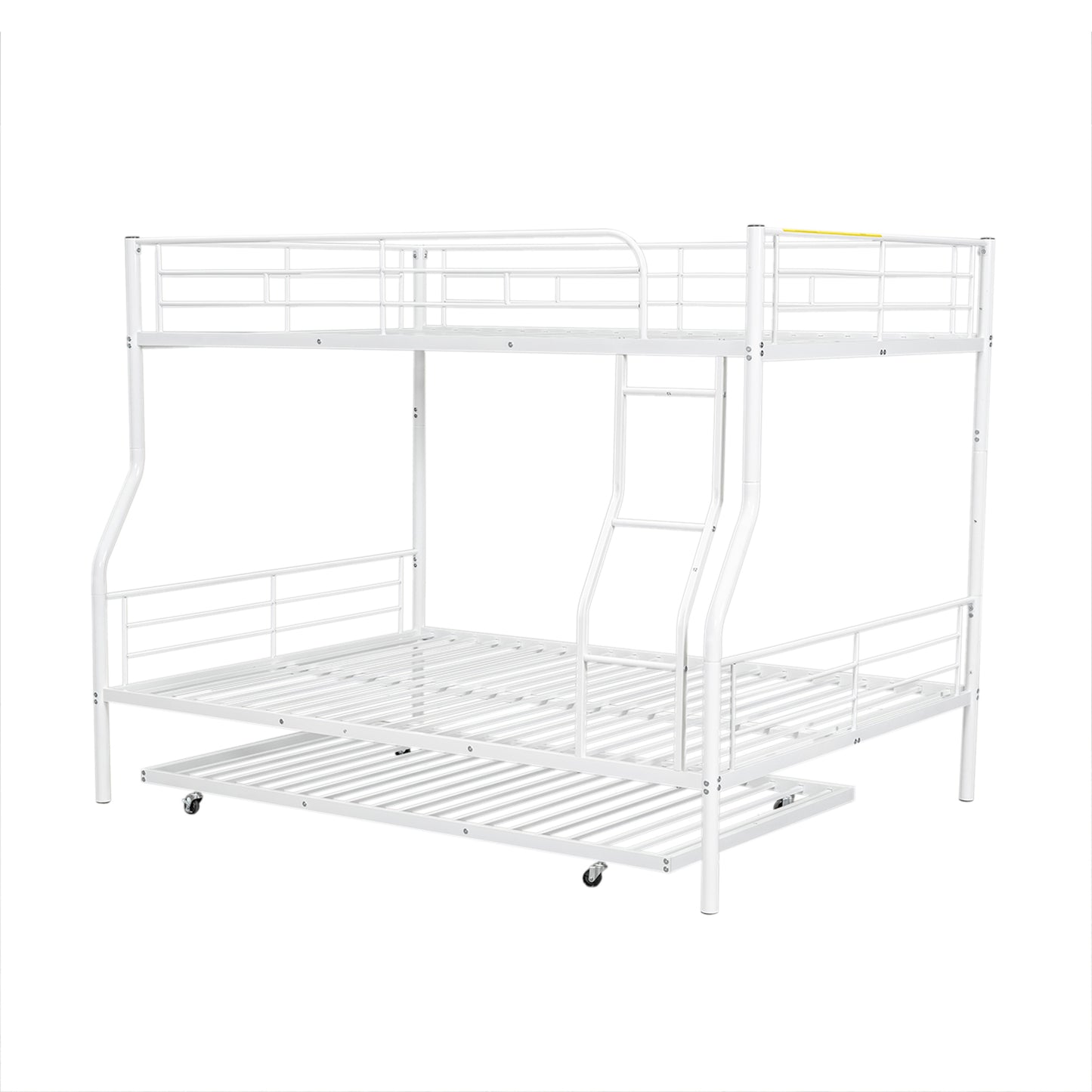 White metal triple bunk bed with pullout trundle for kids