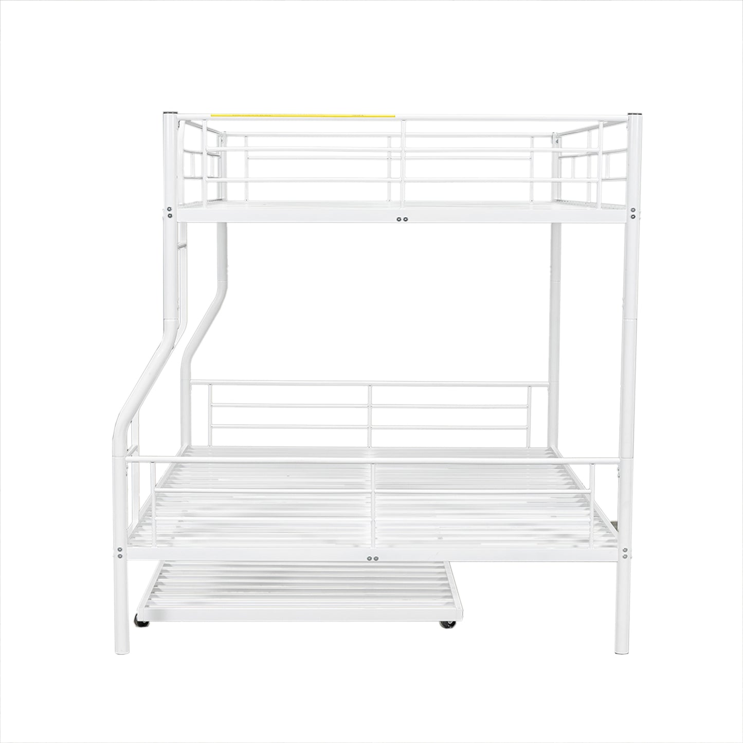 White metal triple bunk bed with integrated ladder and pullout trundle