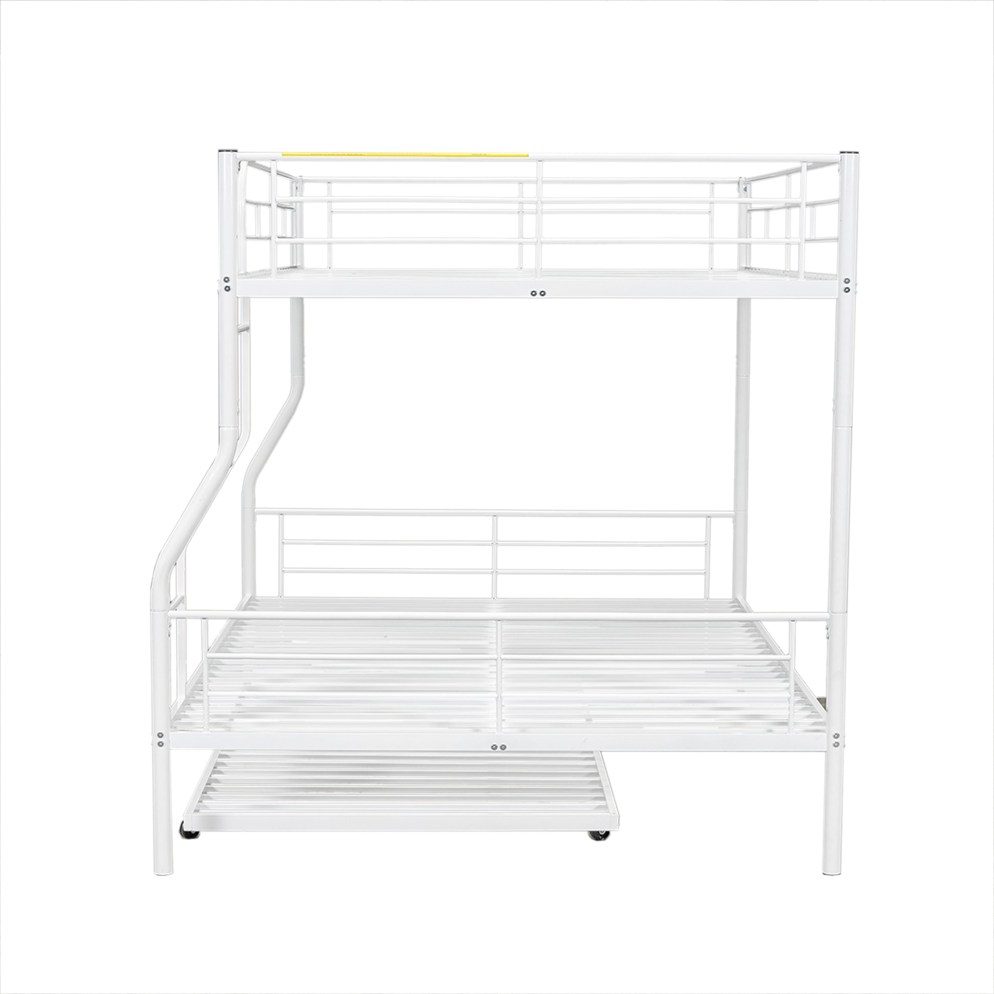 White metal triple bunk bed with integrated ladder and pullout trundle