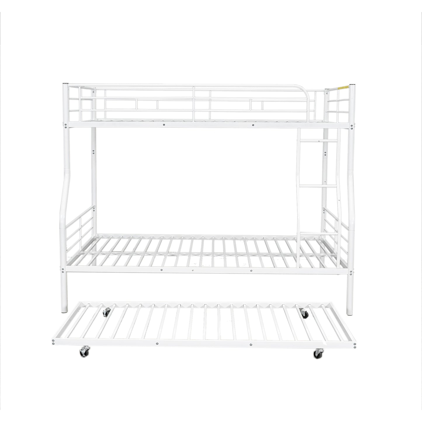White metal twin over twin bunk bed with pullout trundle
